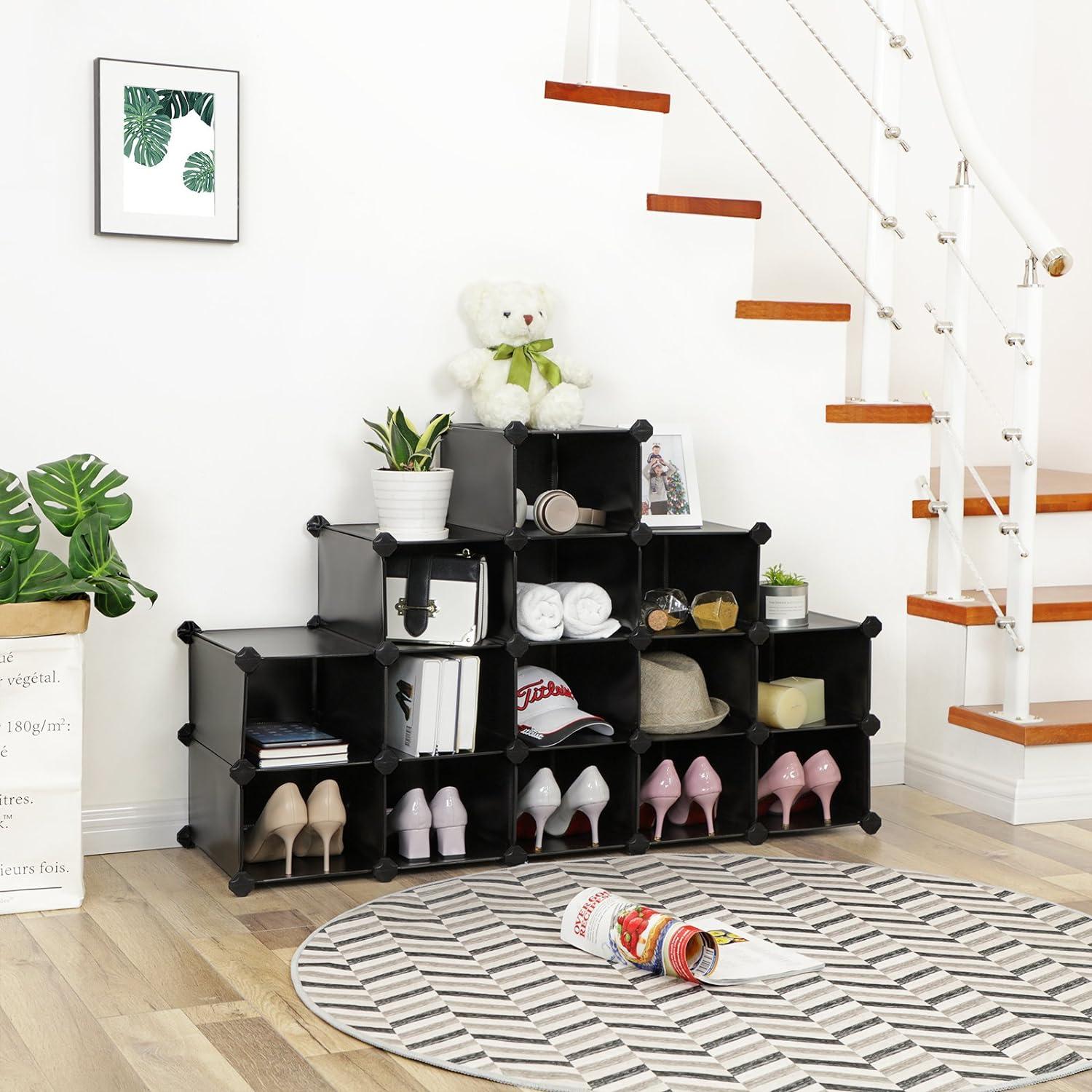 SONGMICS Shoe Rack, Space-Saving 15-Slot Plastic Shoe Storage Organizer Unit, Shoe Cabinet, Ideal for Entryway Hallway Closet Garage, 11.8 x 43.8 x 33.9 Inches, Black ULPC44H