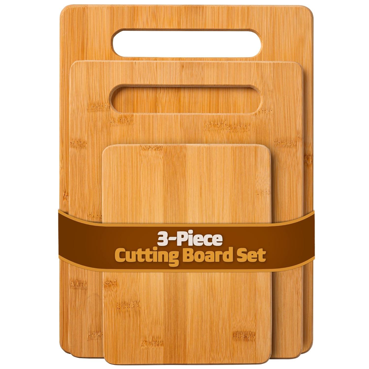 Bamboo Cutting Boards for Kitchen [Set of 3] Wood Cutting Board for Chopping Meat, Vegetables, Fruits, Cheese, Knife Friendly Serving Tray with Handles