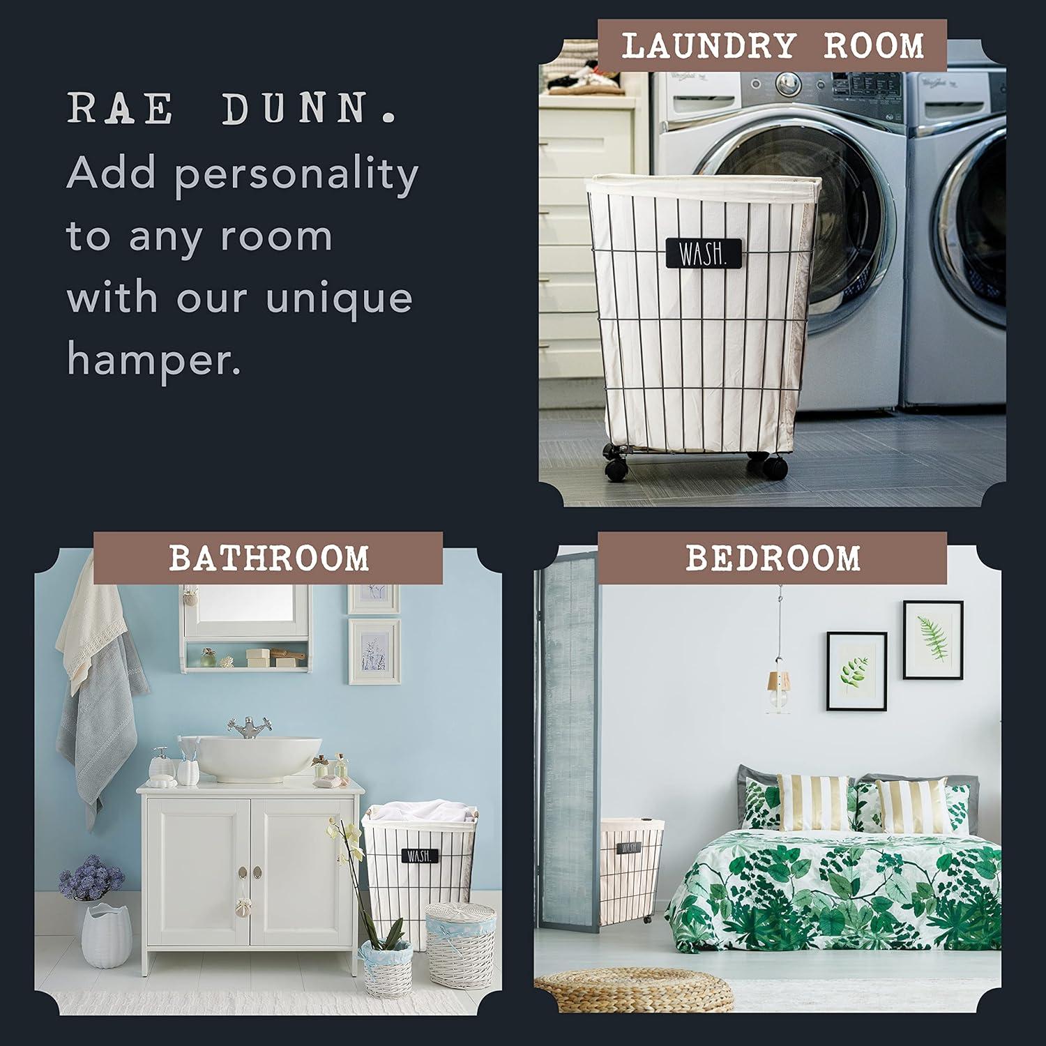 Black Metal Wire Laundry Hamper with Beige Cloth Liner and Wheels