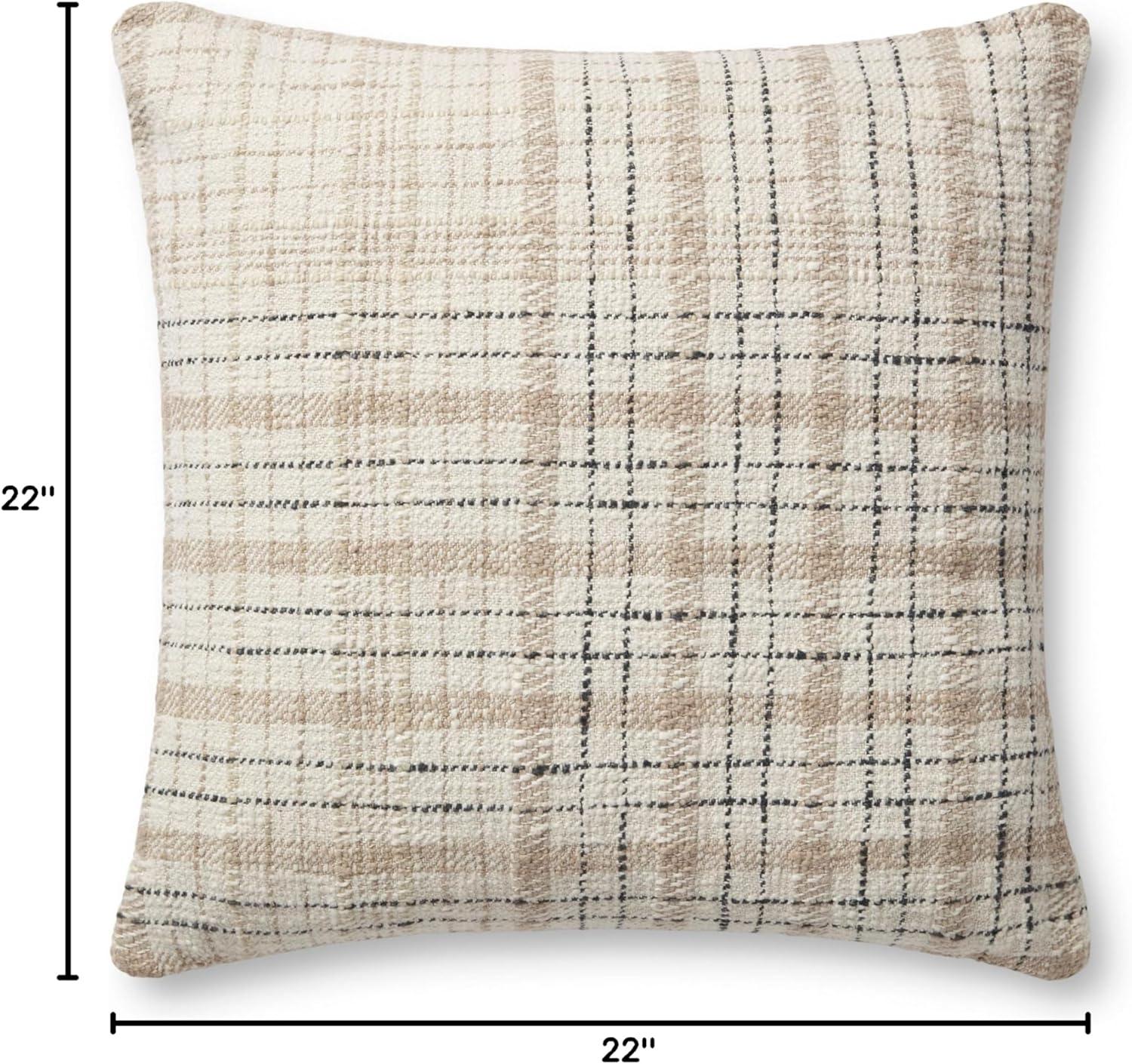 Beige and Black Plaid 22" Cotton Pillow Cover