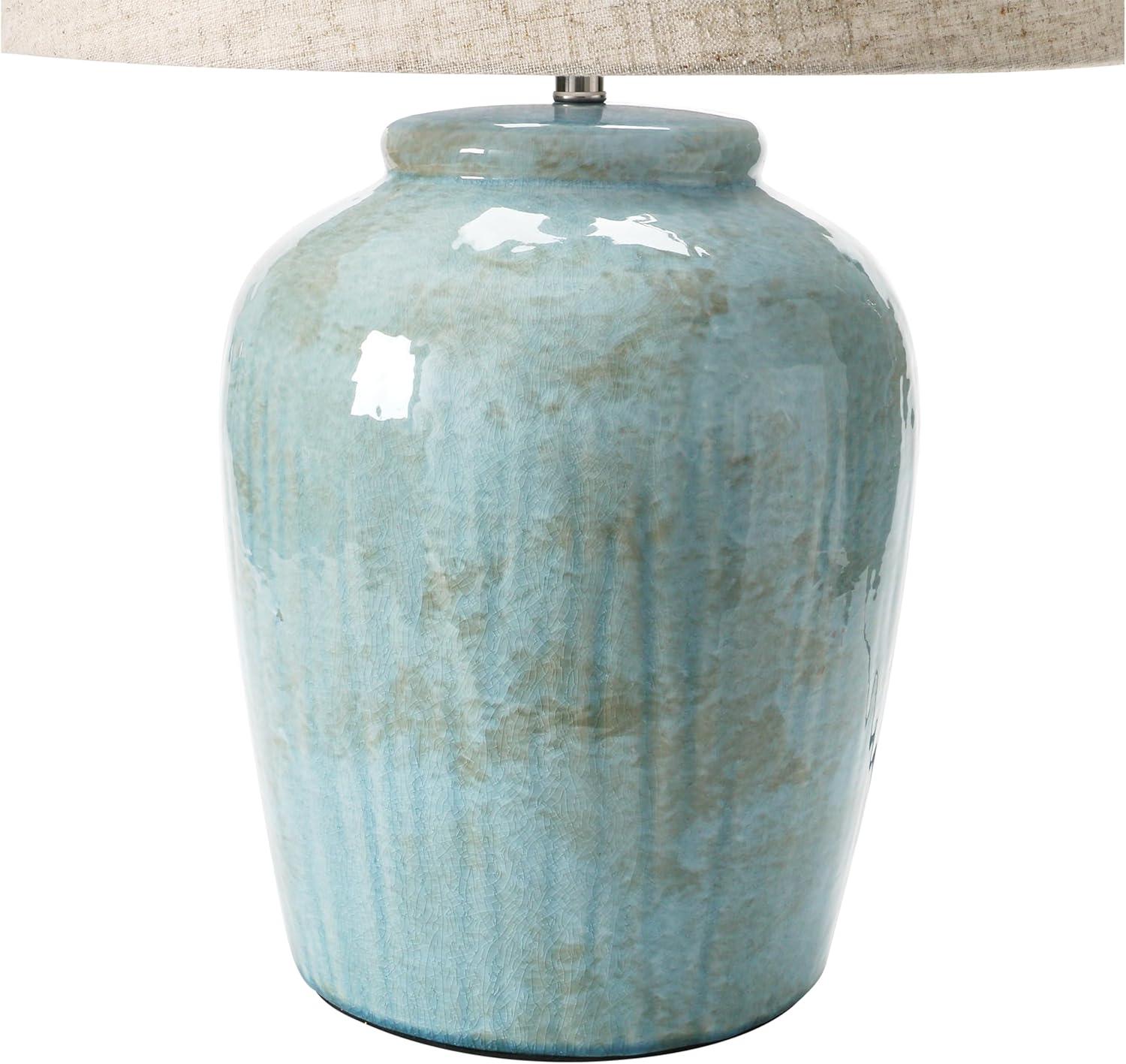 Creative Co-Op Coastal Aqua Blue Ceramic Stoneware Table Lamp with Natural Ivory Linen Shade, Reactive Glaze Finish