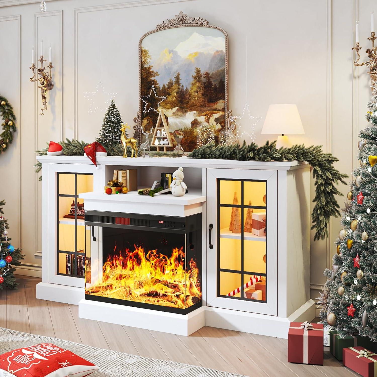 Fireplace TV Stand with 3-Sided Glass Electric Fireplace, 59" Entertainment Center, Distressed White