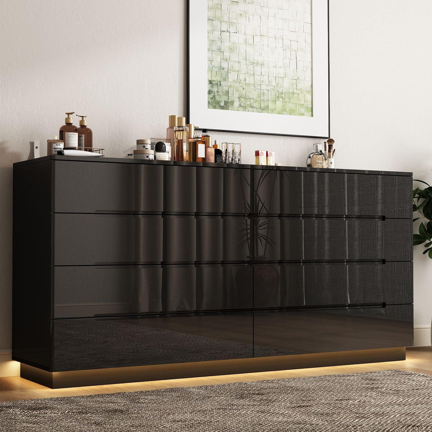 Black 8-Drawer 63 in. W Wood Double Dresser Chest of Drawers Bedroom Storage Organizer in With High Gloss and LED Lights
