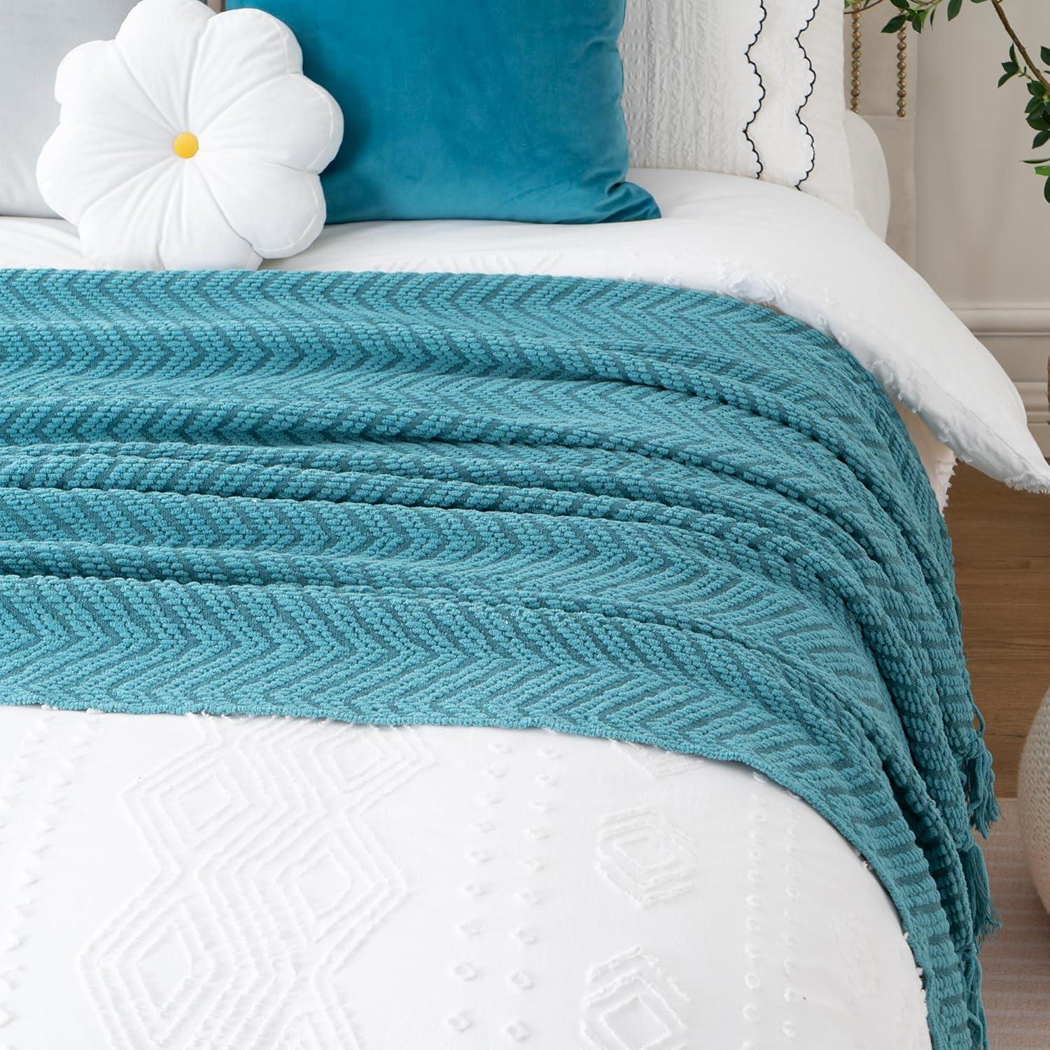 Teal Knitted Zig-Zag Throw Blanket with Tassels, 50"x60"