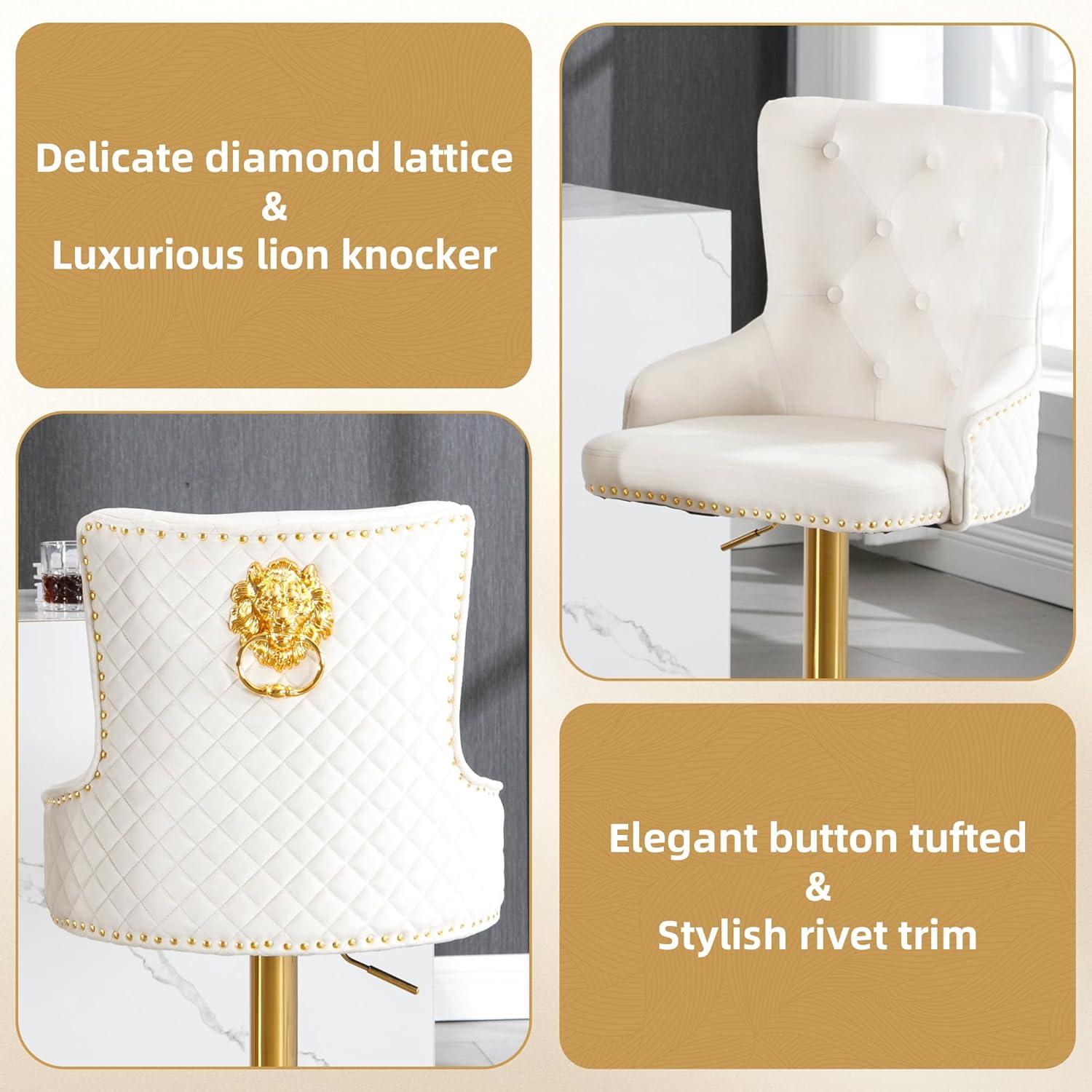 Bar Stools Set of 2, Swivel Barstools with Nailheads Trim, Velvet Button Tufted Back and Golden Footrest, Adjustable Counter Height Bar Stools for Kitchen Counter,Home Bar,Pub, Beige