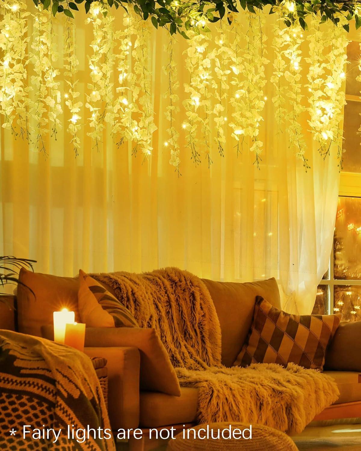 JACKYLED 40 Branches Wisteria Hanging Flowers 6 Feet Artificial White Vine Silk Wisteria Flowers Garland for Wedding Arch Party Garden Home Decor (4 Packs)