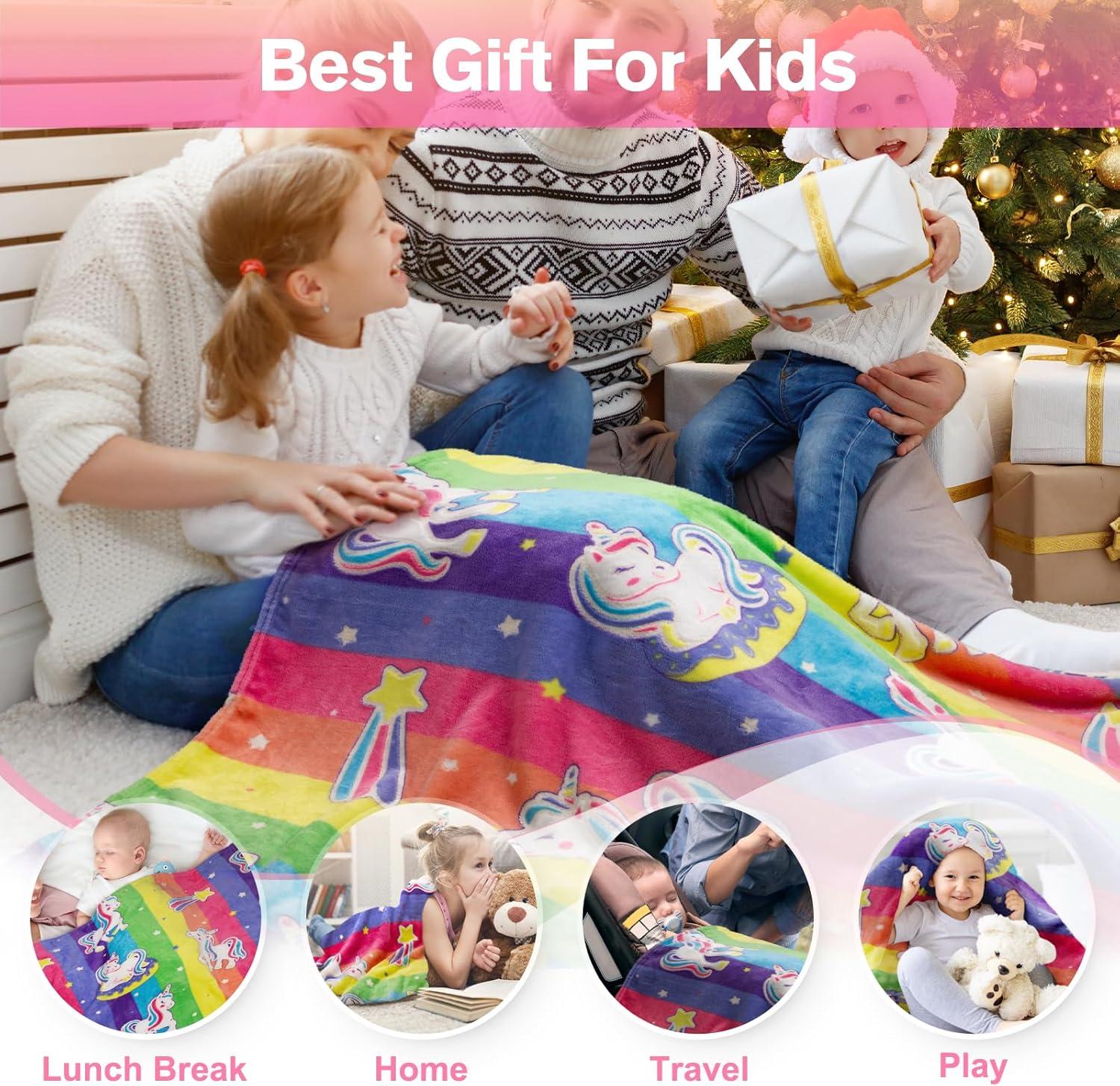 Unicorn Gifts Toys for Girls Kids - Glow in The Dark Rainbow Blanket Best Christmas Birthday Valentines Easter Decor Present for Age 1-14 Years Old Teens Child Toddler Daughter Soft Cozy Throw 50"x60"