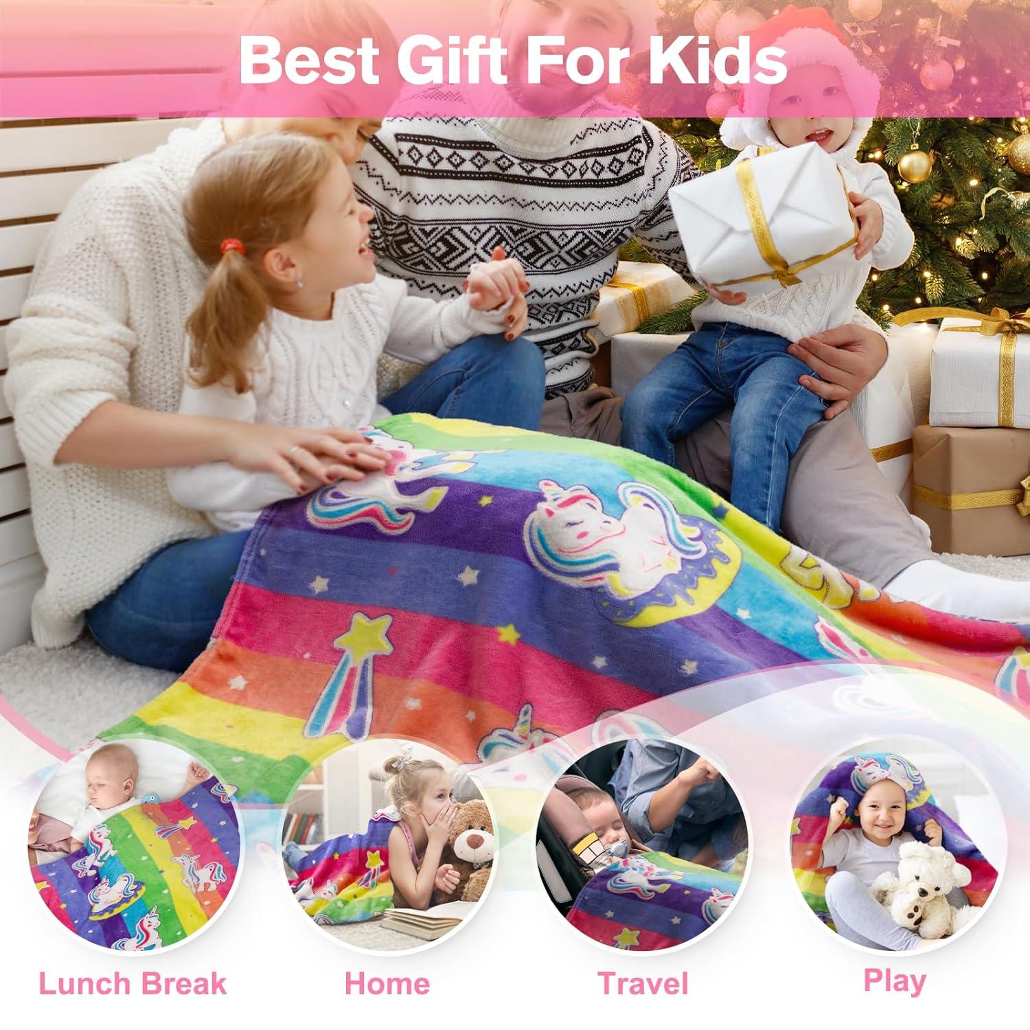 Unicorn Gifts Toys for Girls Kids - Glow in The Dark Rainbow Blanket Best Christmas Birthday Valentines Easter Decor Present for Age 1-14 Years Old Teens Child Toddler Daughter Soft Cozy Throw 50"x60"