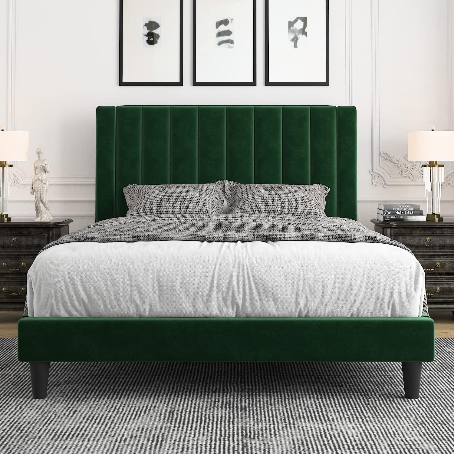 Einfach Queen Size Platform Bed Frame with Upholstered Velvet Vertical Headboard, Green