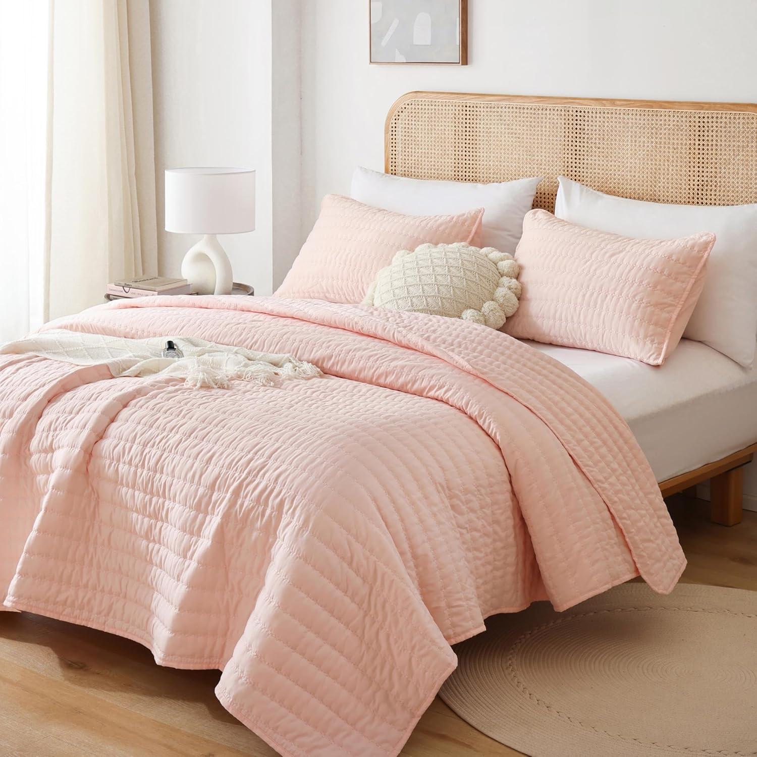 Blush Pink Microfiber Queen Bedspread Set with Pillowcases