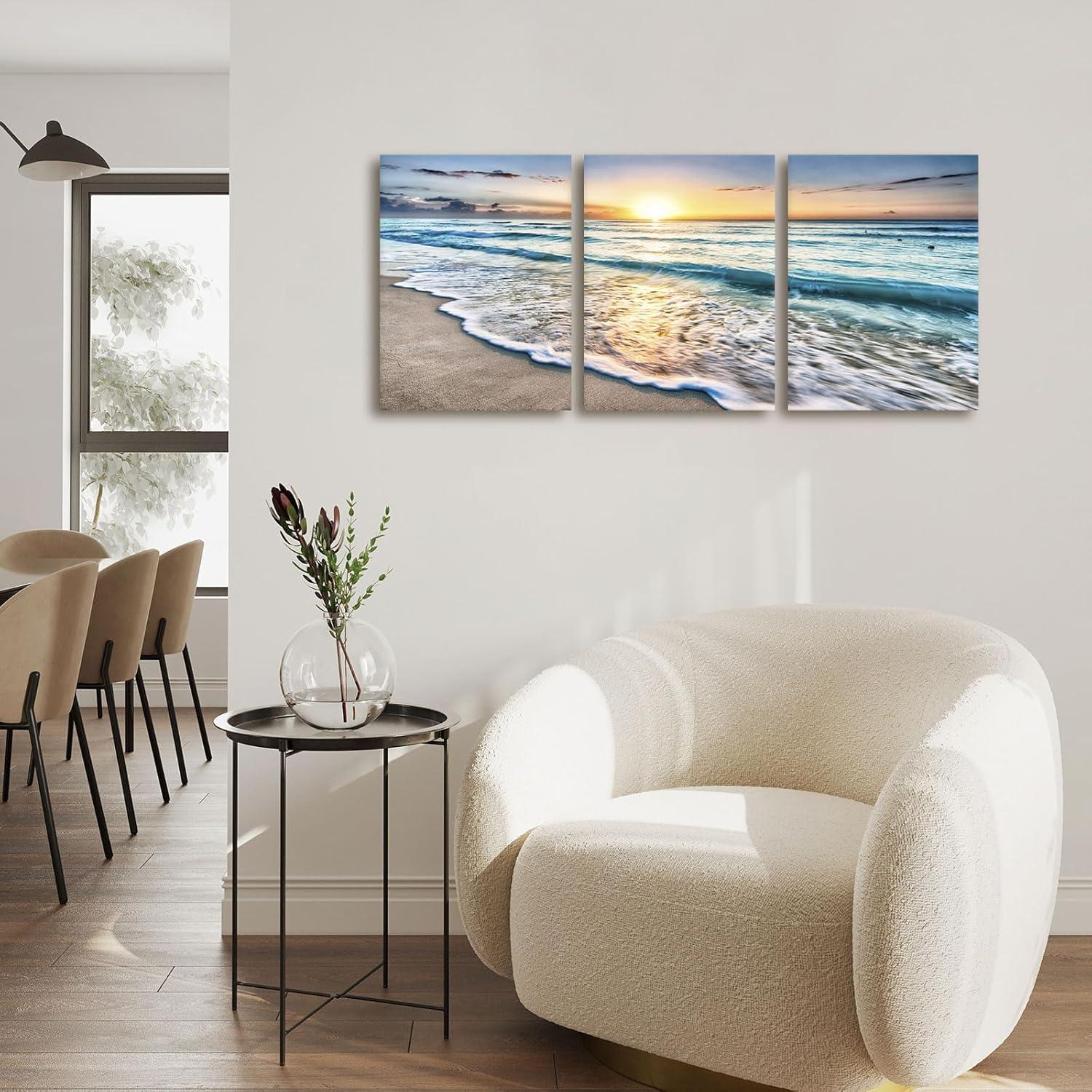 Asdg12s-3 Panel Wall Art Blue Sea Sunset White Beach Painting The Picture Print On Canvas Seascape The Pictures for Home Decor Decoration,Ready to Hang