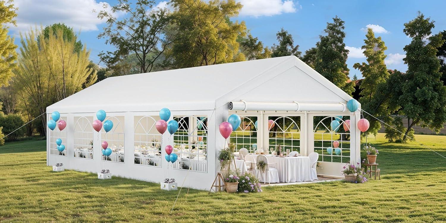Dextrus 16x32FT Party Tent Heavy Duty PVC Wedding Event Shelters White Upgraded Galvanized Ripple Canopy with Large Roof Removable Sidewalls & 3 Storage Bags 600D Oxford Commercial