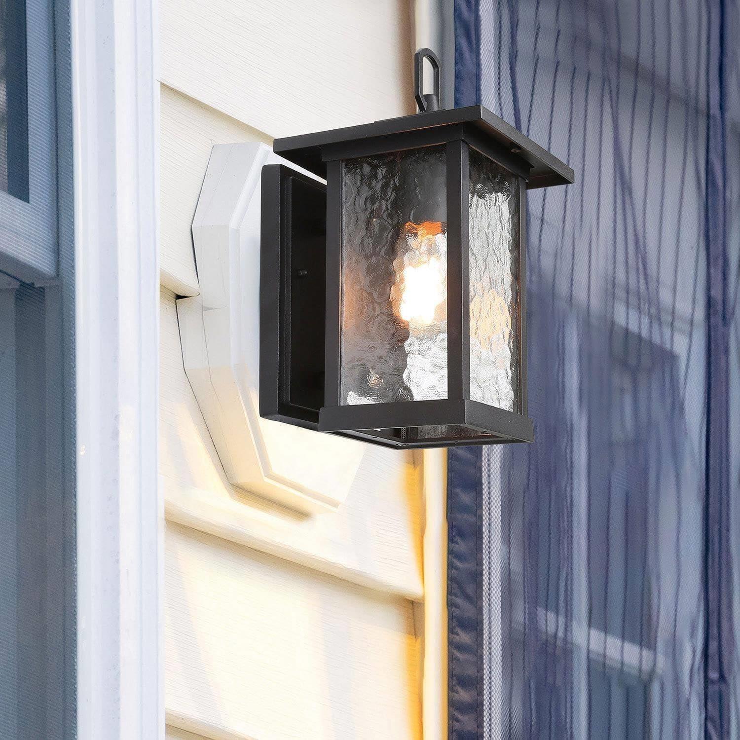LOG BARN Black Outdoor Wall Light Fixture, Modern Farmhouse Rectangular Porch Lights Outdoor Wall Mount with Water Ripple Glass, Waterproof Outside Exterior Sconce Lights for House, Front Door, Garage