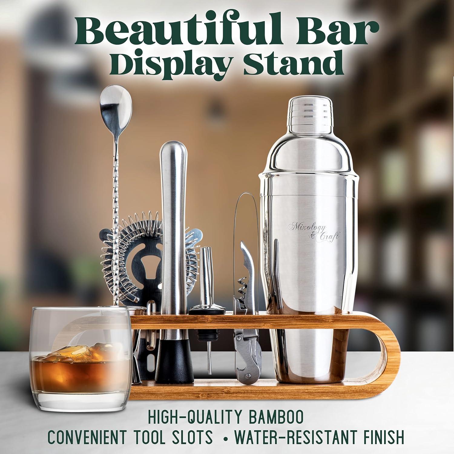 Joyfeel 10Pcs Bartending Tools Set Stainless Steel Cocktail Shaker Kit Mixology Drink Mixer Mixing Glass Measuring Jigger Strainer Muddler Bamboo Rack Bar Accessories for Home Professional Bartenders