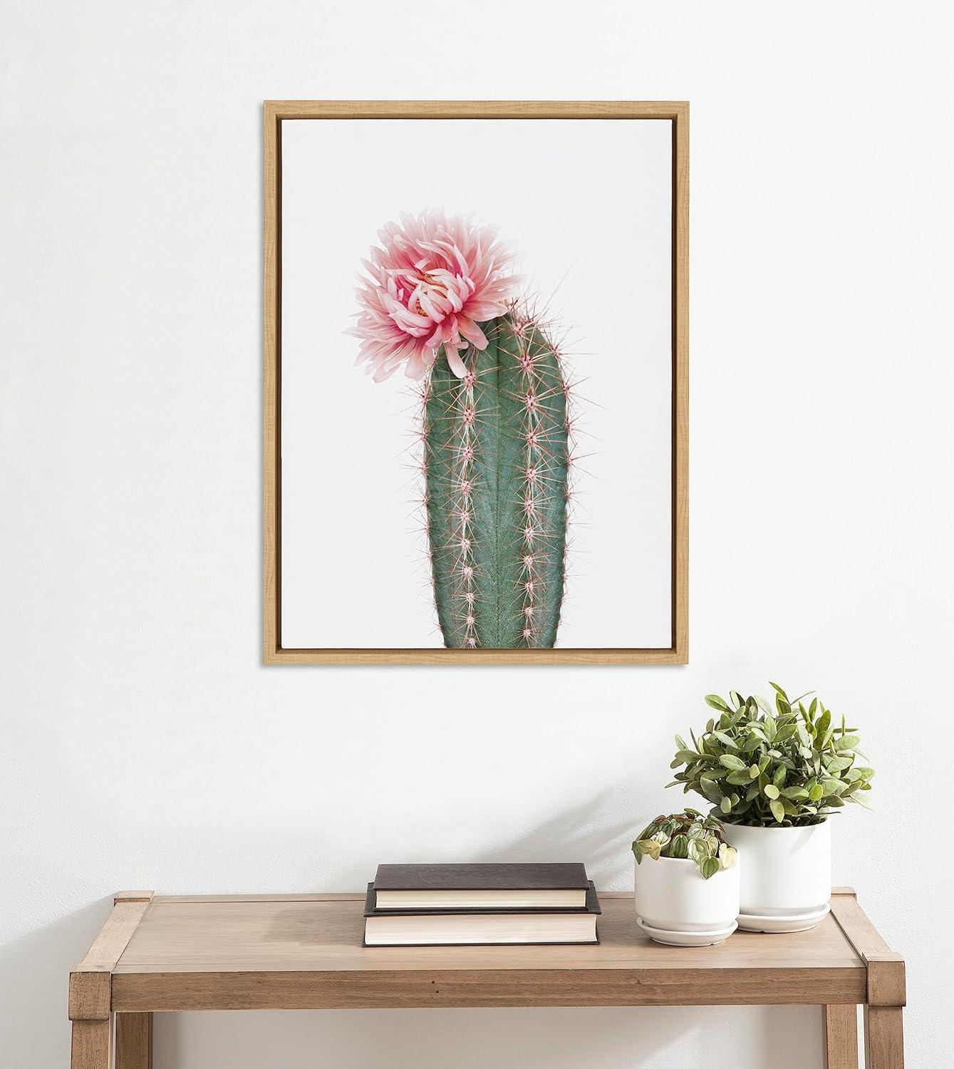 Kate and Laurel Sylvie Pink Cactus Flower Framed Canvas Wall Art by Amy Peterson Art Studio, 18x24 Natural, Desert Cactus Floral Photo Art for Wall