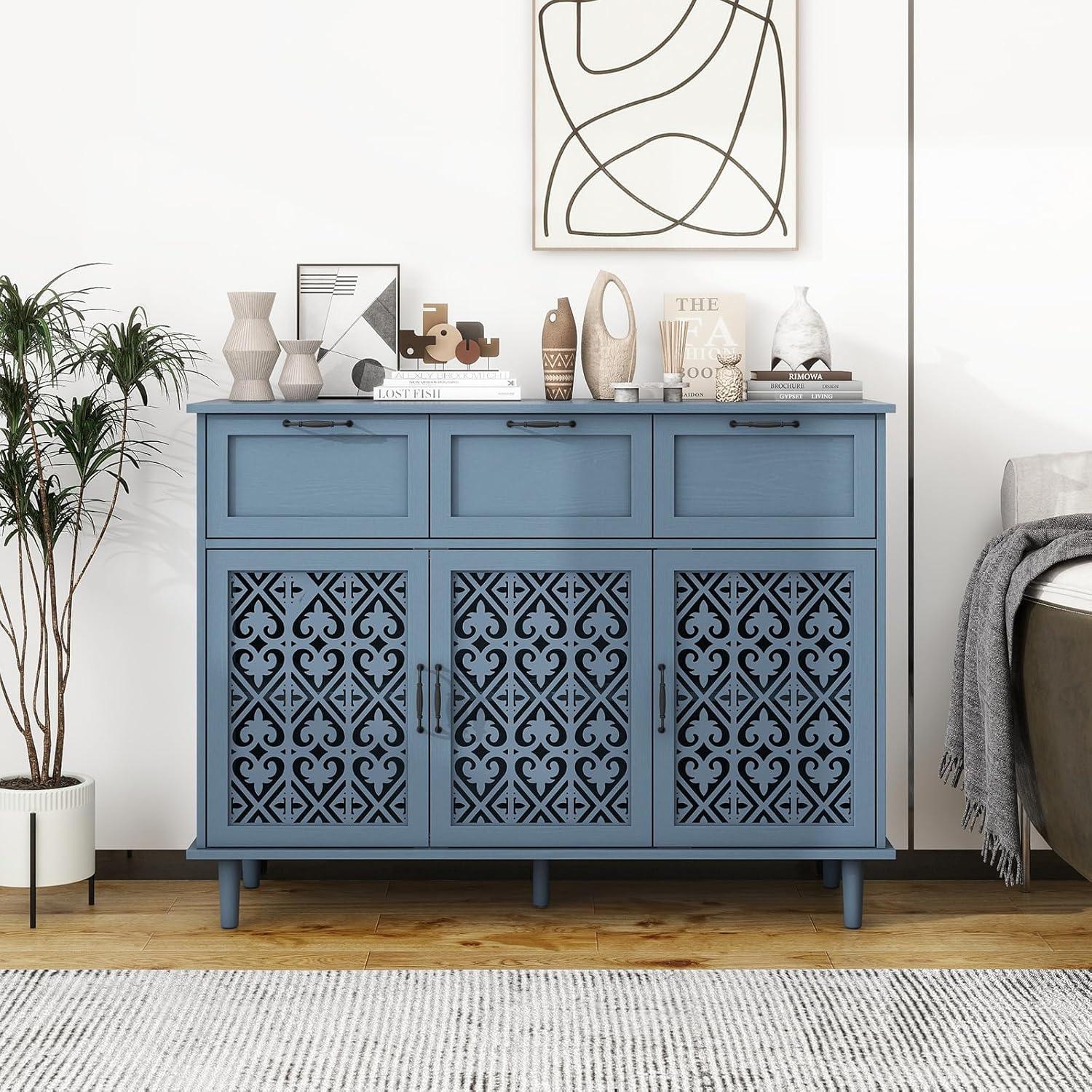 Blue Lockable 3-Door 3-Drawer Carved Wood Sideboard Cabinet