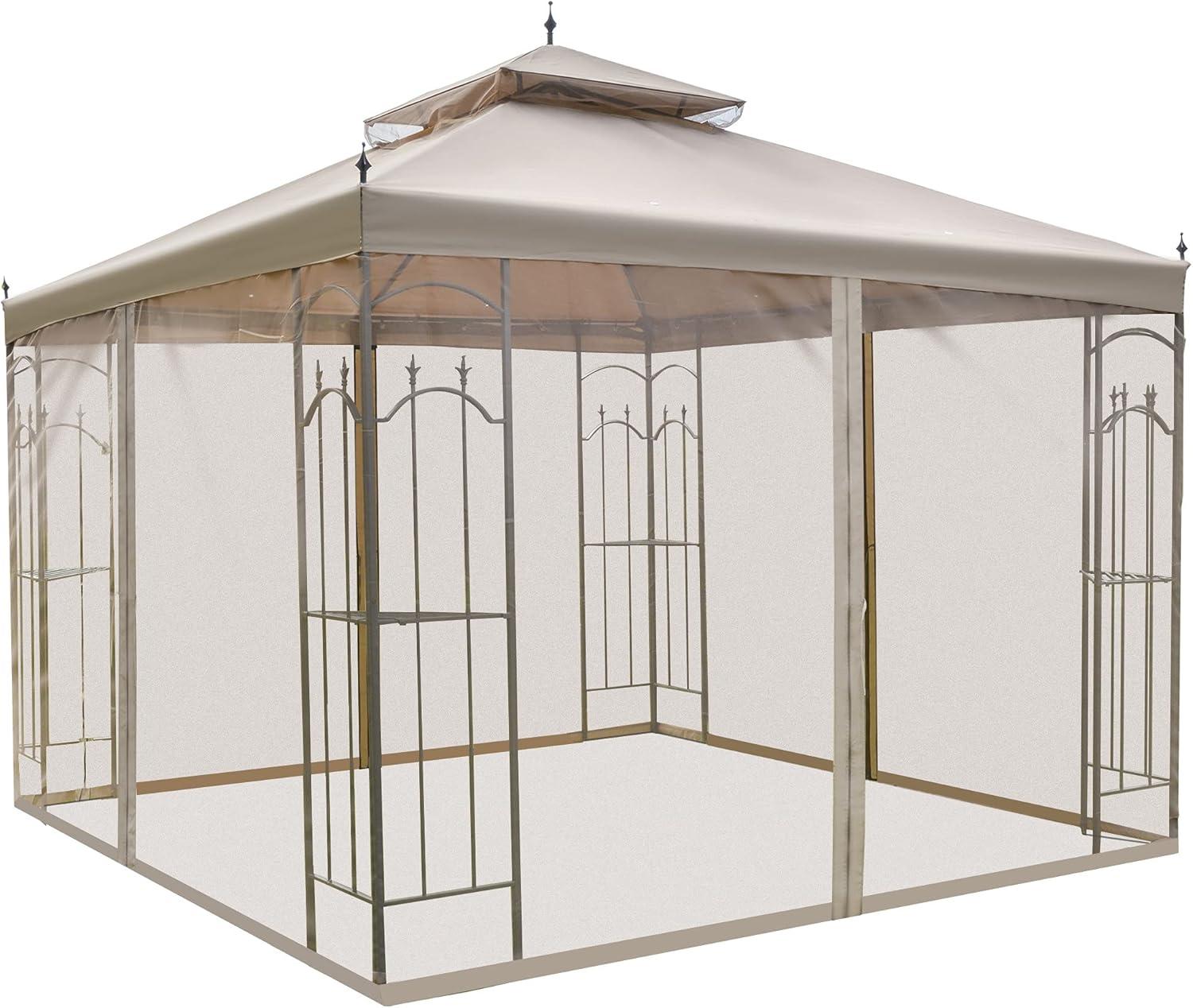 Outsunny 118" x 118" Steel Outdoor Patio Gazebo Canopy with Removable Mesh Curtains, Display Shelves, & Steel Frame, Brown