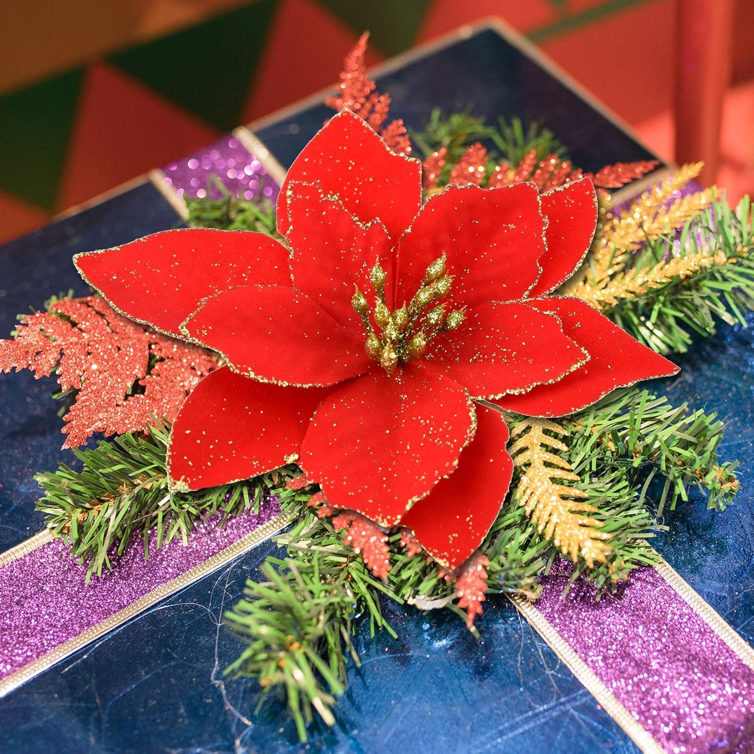 36pcs Glitter Poinsettia Christmas Tree Ornament, Artificial Poinsettia Flowers Decorative Artificial Flowers