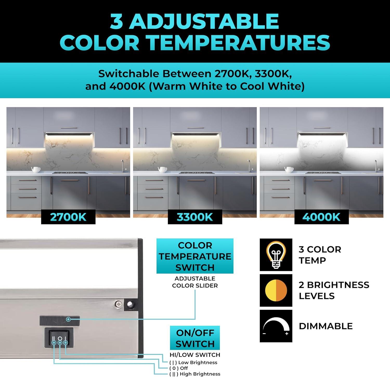 LED Under Cabinet Lighting Hardwired - Linkable Undercabinet Lights for Kitchen - 3CCT 12 Inch Satin Finish - Undercounter Dimmable Plug in Light or Hard Wired - Under Counter Fixture Direct Wire