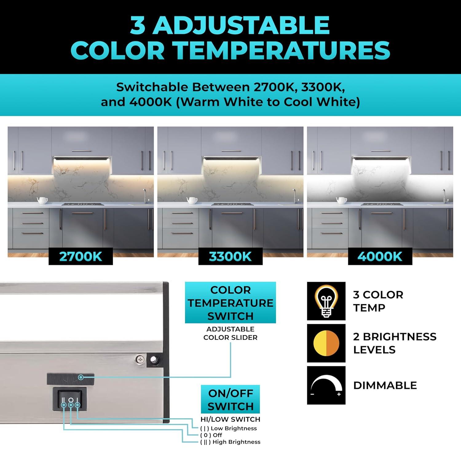 LED Under Cabinet Lighting Hardwired - Linkable Undercabinet Lights for Kitchen - 3CCT 12 Inch Satin Finish - Undercounter Dimmable Plug in Light or Hard Wired - Under Counter Fixture Direct Wire