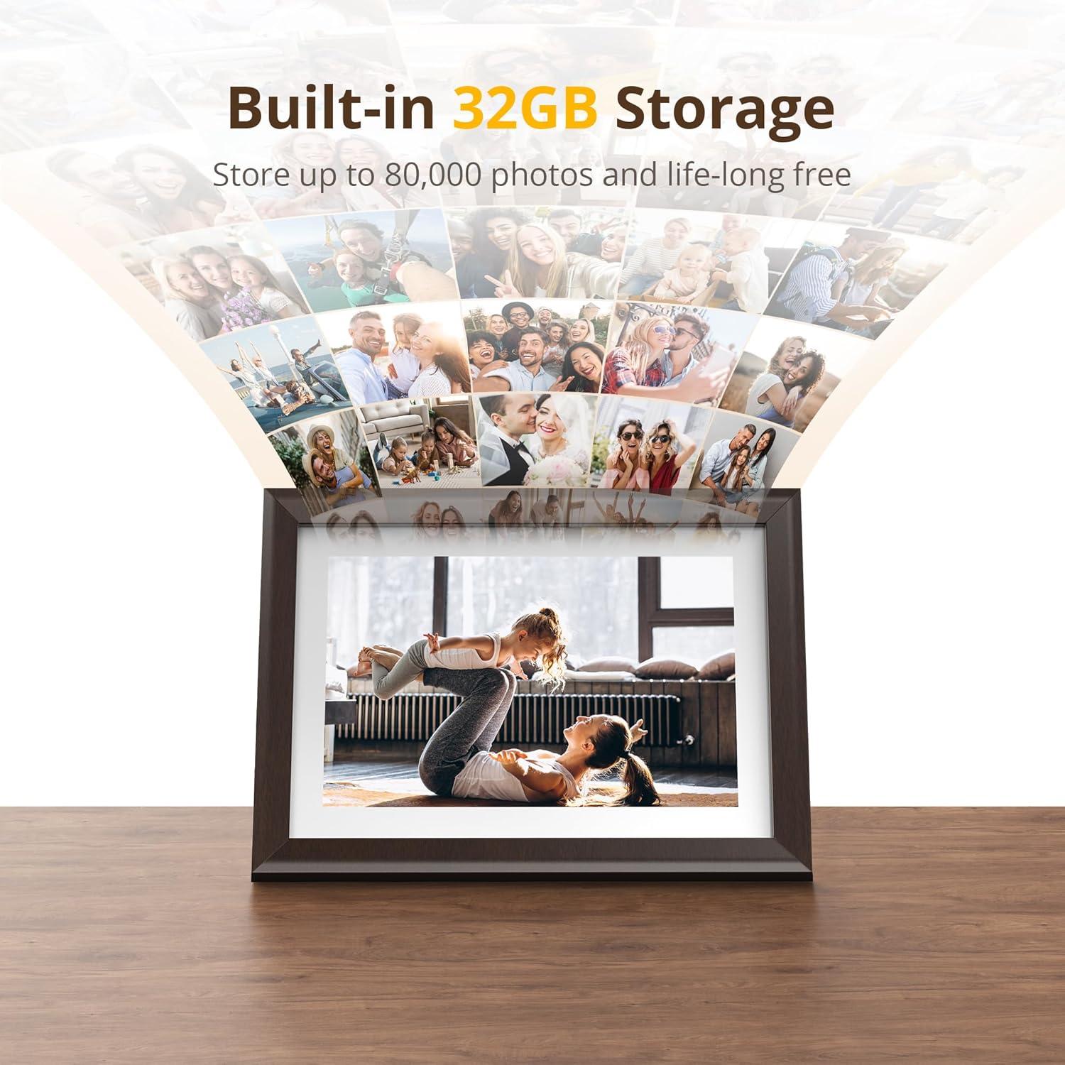 Dragon Touch Digital Picture Frame WiFi 10 inch IPS Touch Screen Digital Photo Frame Display, 32GB Storage, Auto-Rotate, Share Photos via App, Email, Cloud, Classic 10 Brown, PUUDUU