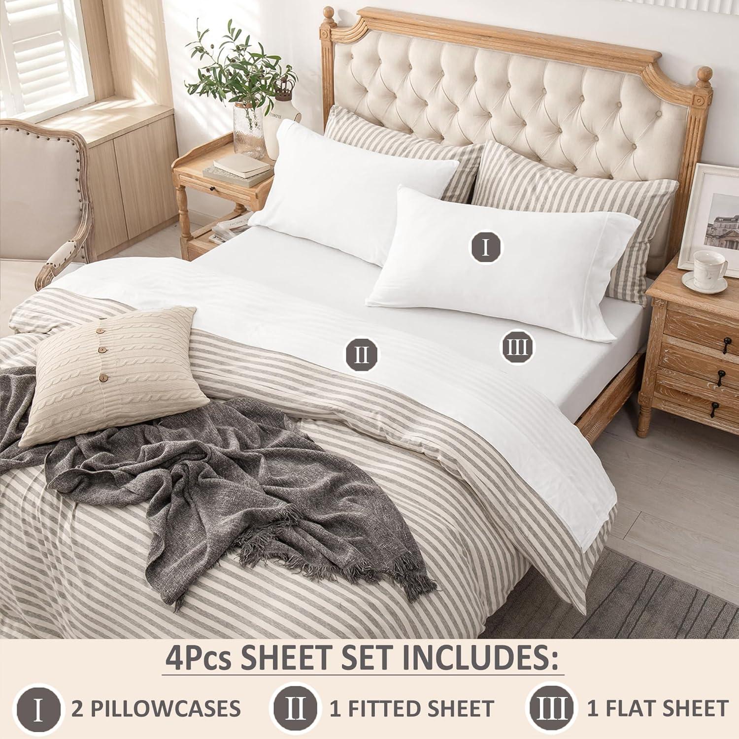 PURE ERA Jersey Knit 4pcs Sheets Set 20" Deep Pocket Ultra Soft 100% Cotton Bedding (Queen, Bright White)