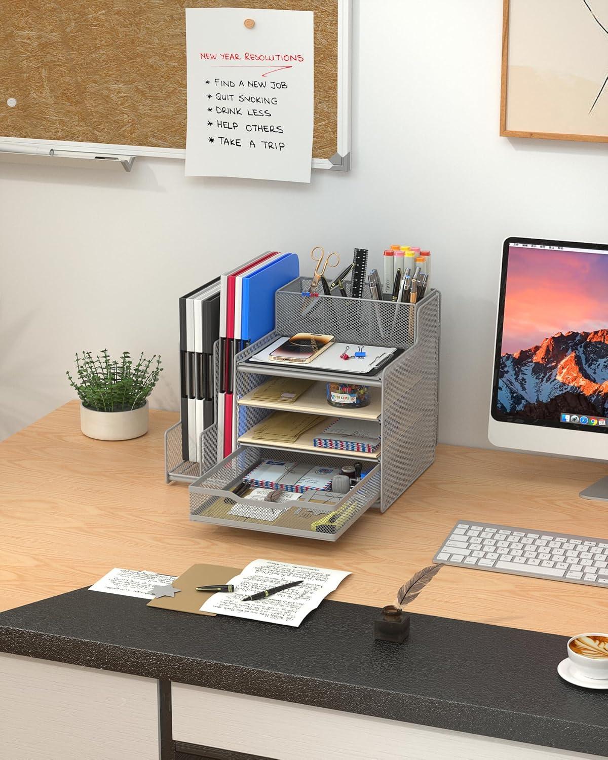 VIVSOL Desk Organizer with Mesh File Holder, 4-Tier Office Supplies Desk Organizers and Accessories with Sliding Drawers & Pen Holder, Desk File Organizer and Storage for Office, School, Home, Black