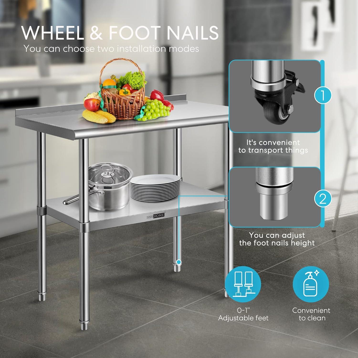 Stainless Steel Work Table with Backsplash and Wheels