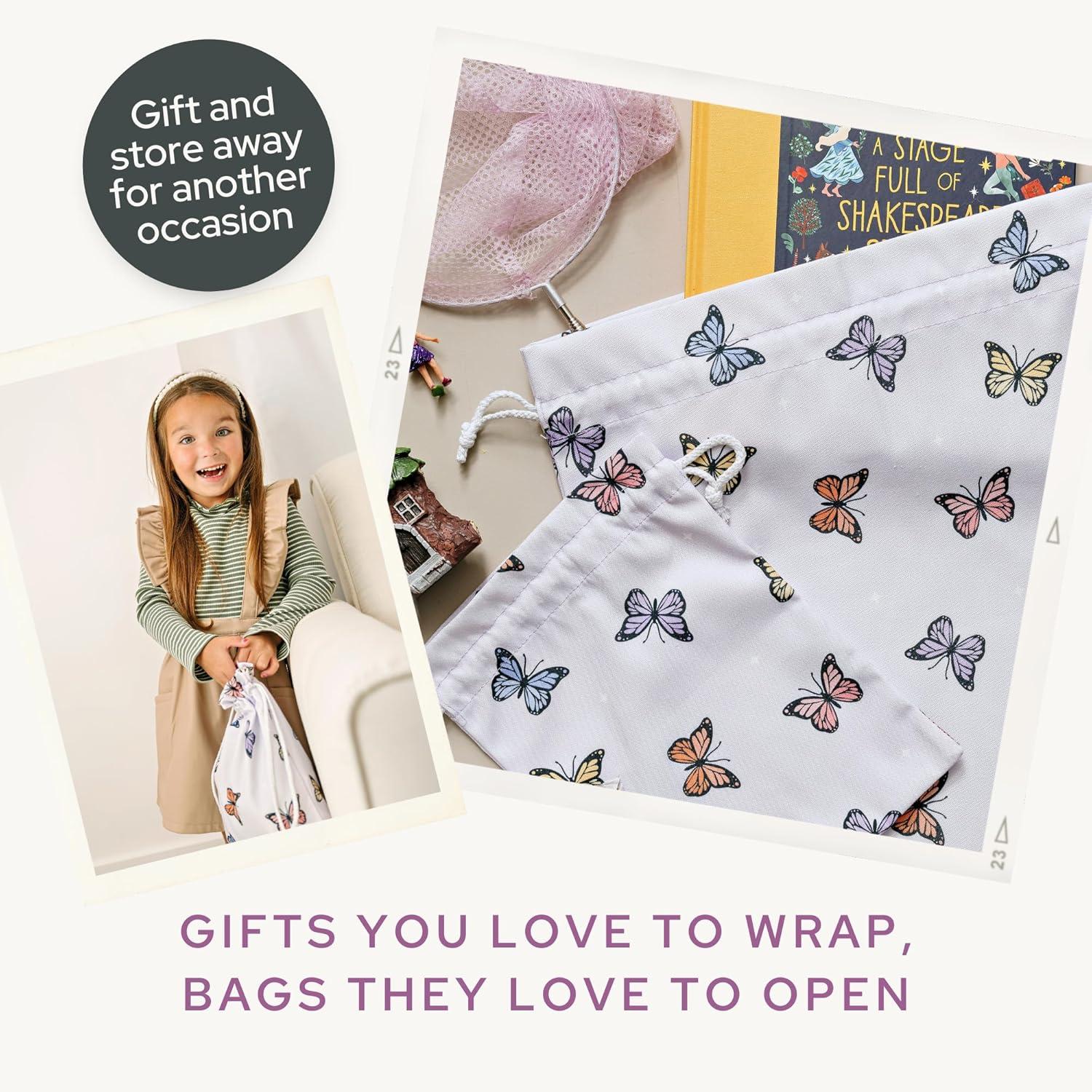 Gather & Knot Drawstring Gift Bags | 20" Large 12" Small | Premium Canvas | Reusable Fabric Wrap for Baby Shower or Girl Birthday | Butterfly