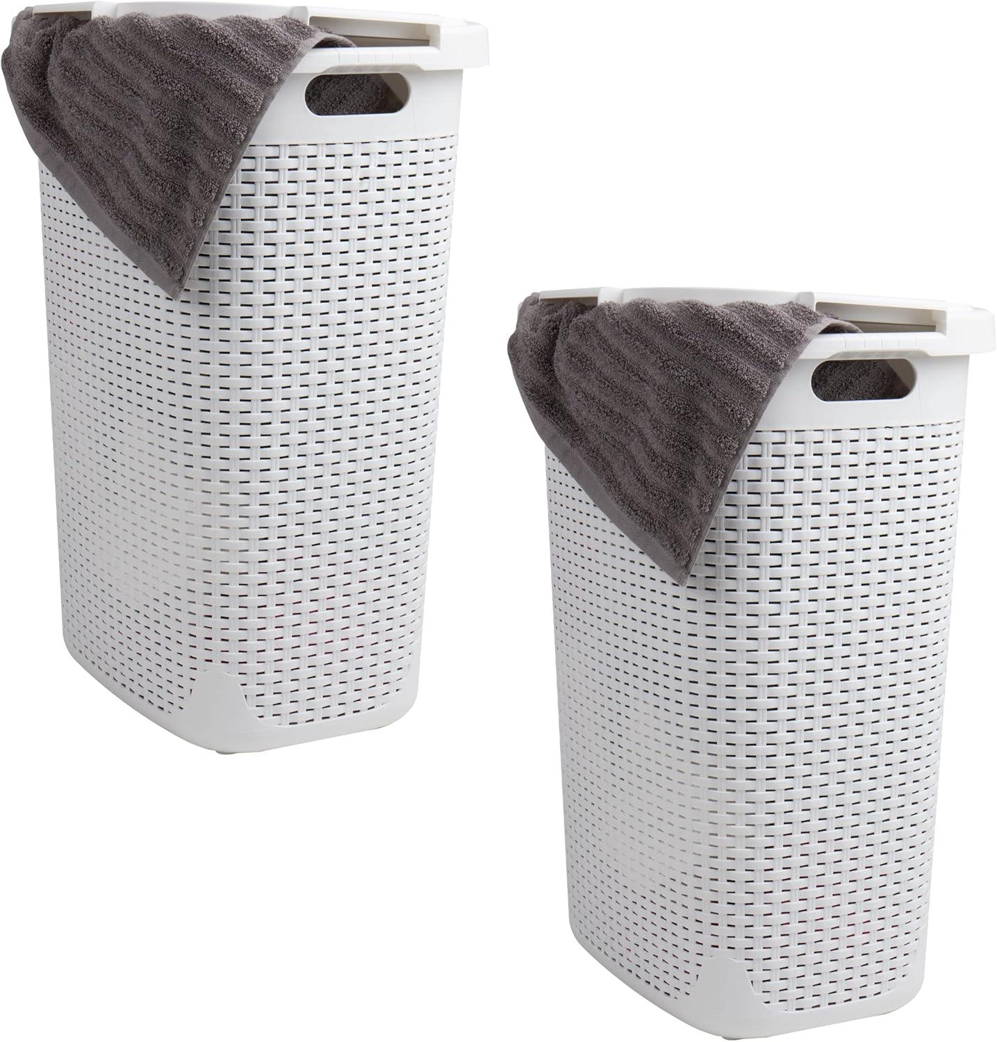 Mind Reader Mind Reader 60L Slim Laundry Hamper, Clothes Basket, Lid, Wicker Style, Plastic, 17.65"L x 13.75"W x 24.15"H, 2-Pack