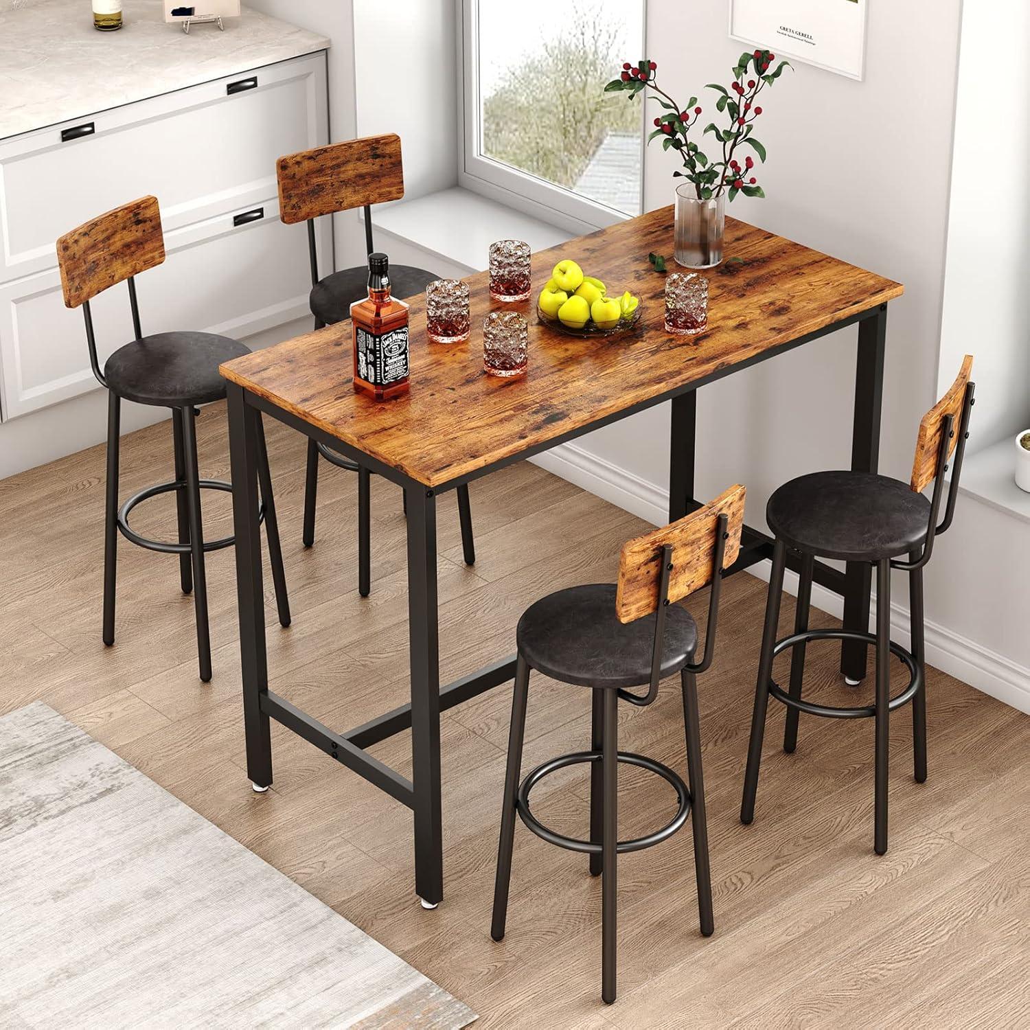 Rustic Brown Metal and Wood Pub Table Set with 4 Chairs