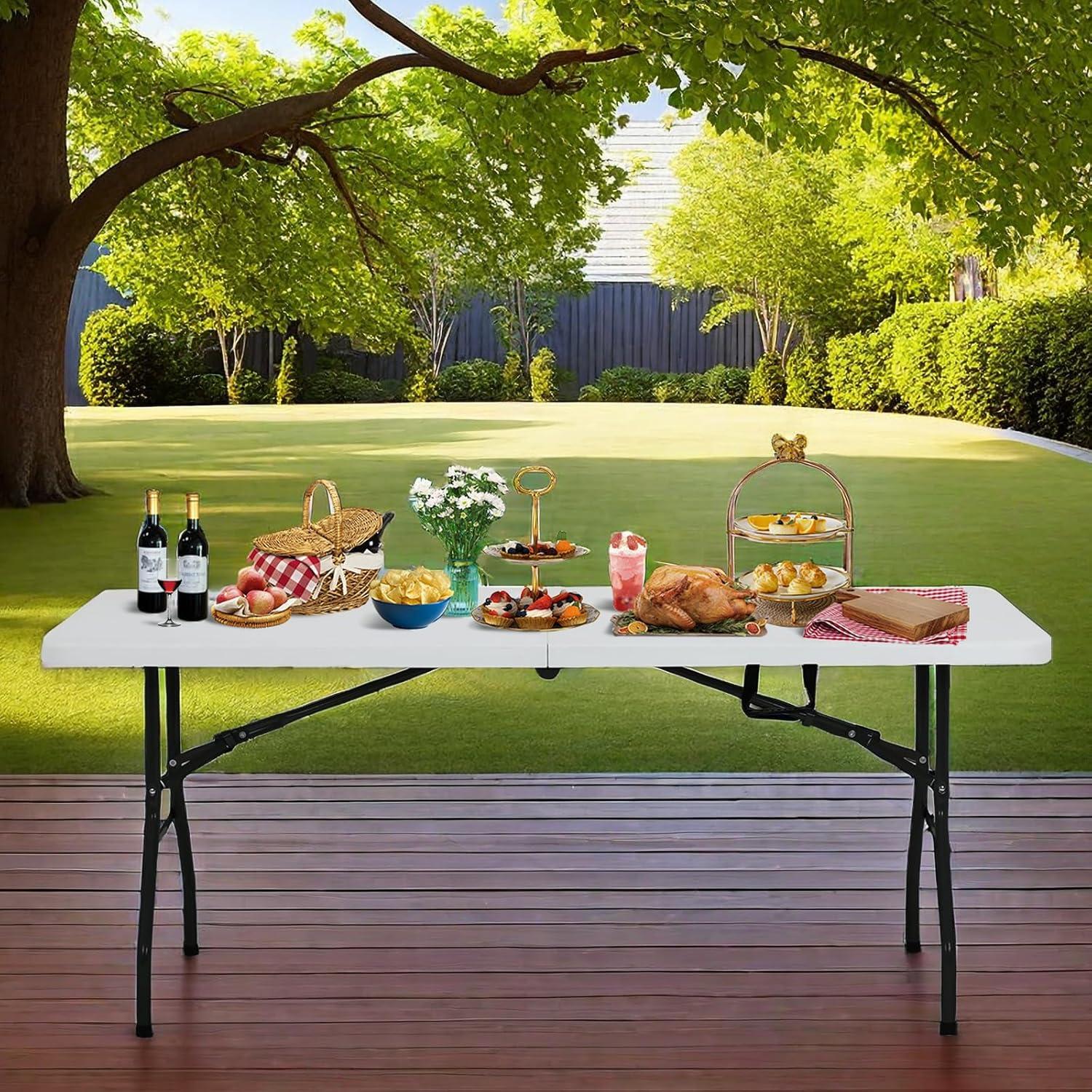 Folding Table 6 Foot,  Heavy-Duty, Portable Plastic Construction with Carrying Handle – Perfect for Picnics, Parties, and Office Indoor Outdoor Use, White
