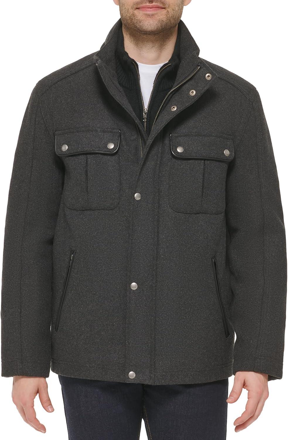 Charcoal Small Melton Wool-Blend Coat with Concealed Hood