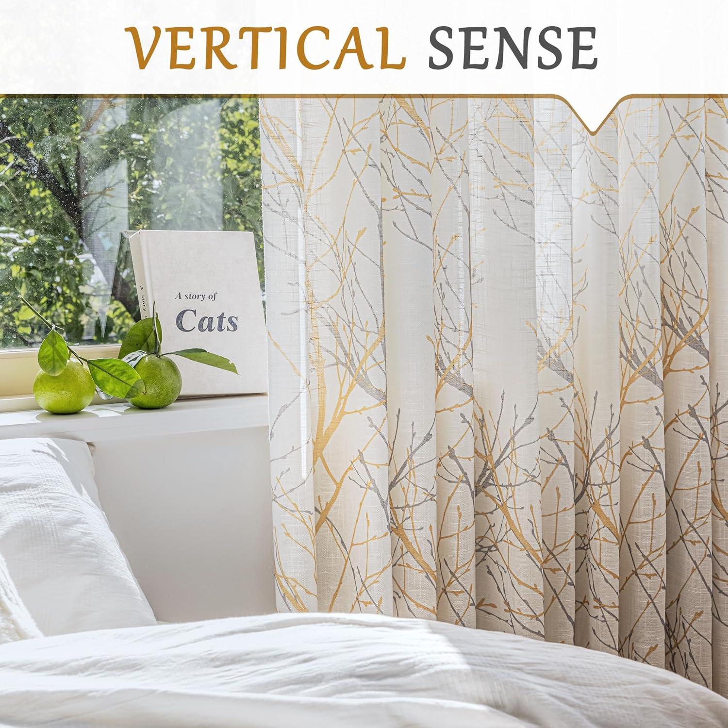 FMFUNCTEX Linen Semi Sheer Curtains for Bedroom, Yellow White Curtains 63 Inches Long for Living Room, Grey Tree Branch Print Curtain Light Filtering Farmhouse Window Drapes, Grommet Top 2 Panels