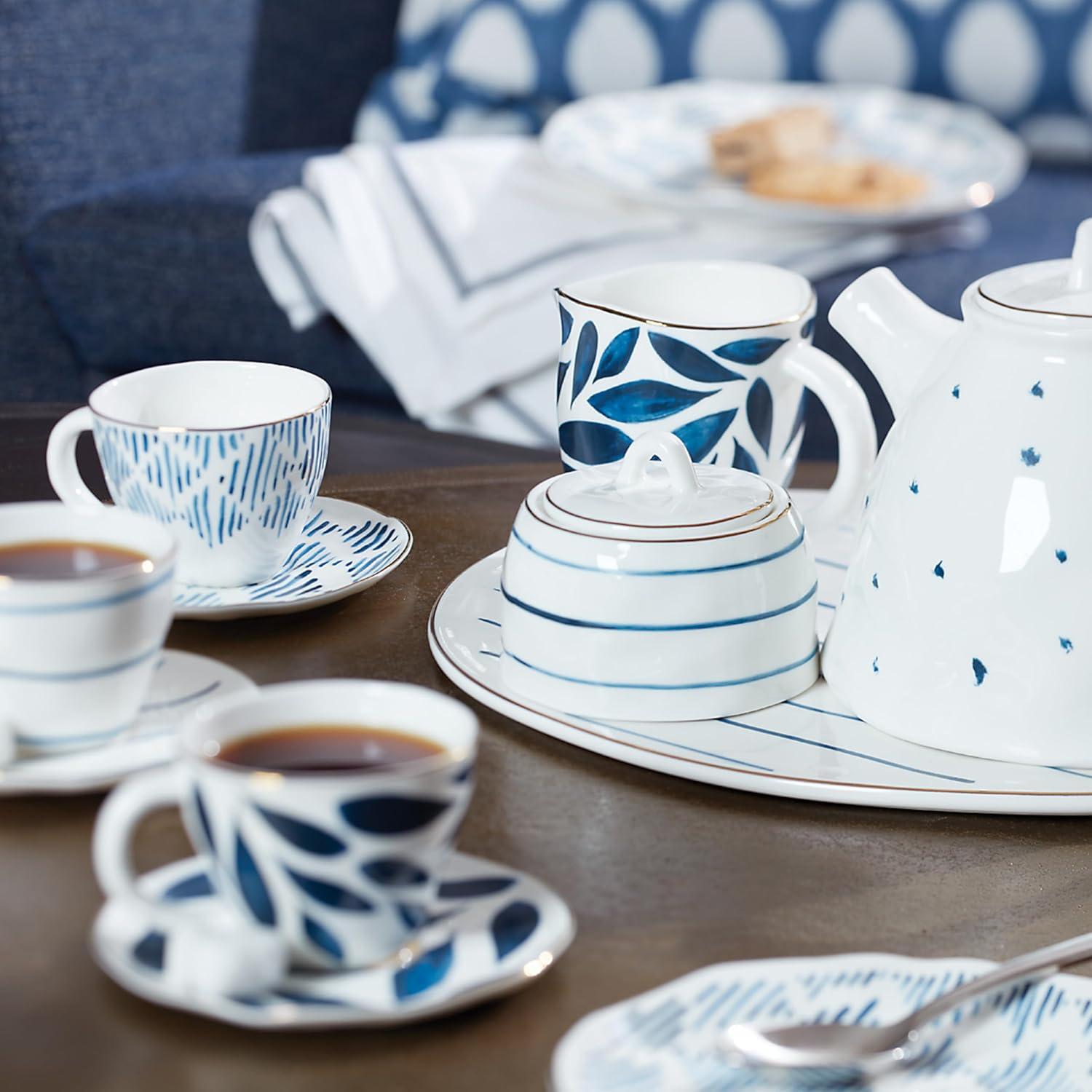 Blue and White Floral Geometric Espresso Cup and Saucer Set, 4-Piece