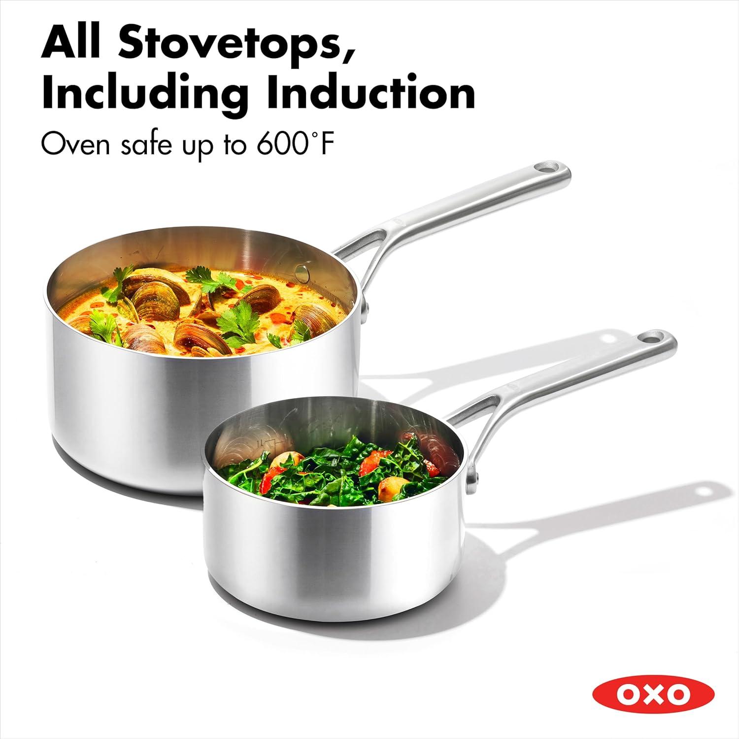 OXO 10pc Mira Tri-Ply Stainless Steel Cookware Set Silver: Dishwasher-Safe, Gas & Induction Compatible, UPC 885837031089