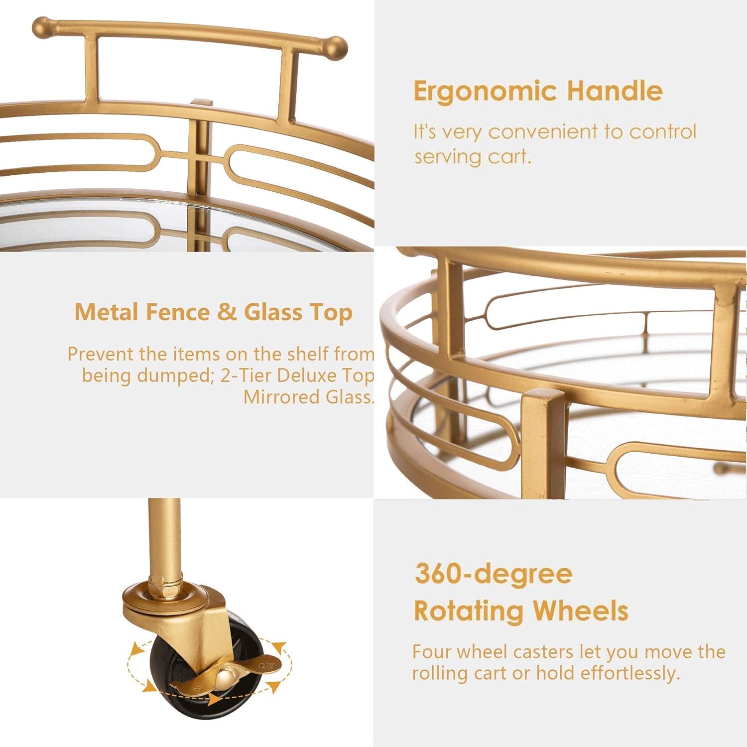 Glitzhome 29.5" H Round Gold Bar Cart with 4 Wheels 2-Tier Deluxe Tray Metal Mirrored Glass Top Rolling Serving Cart for Kitchen Living Room Hotel Wine/Tea Serving Cart