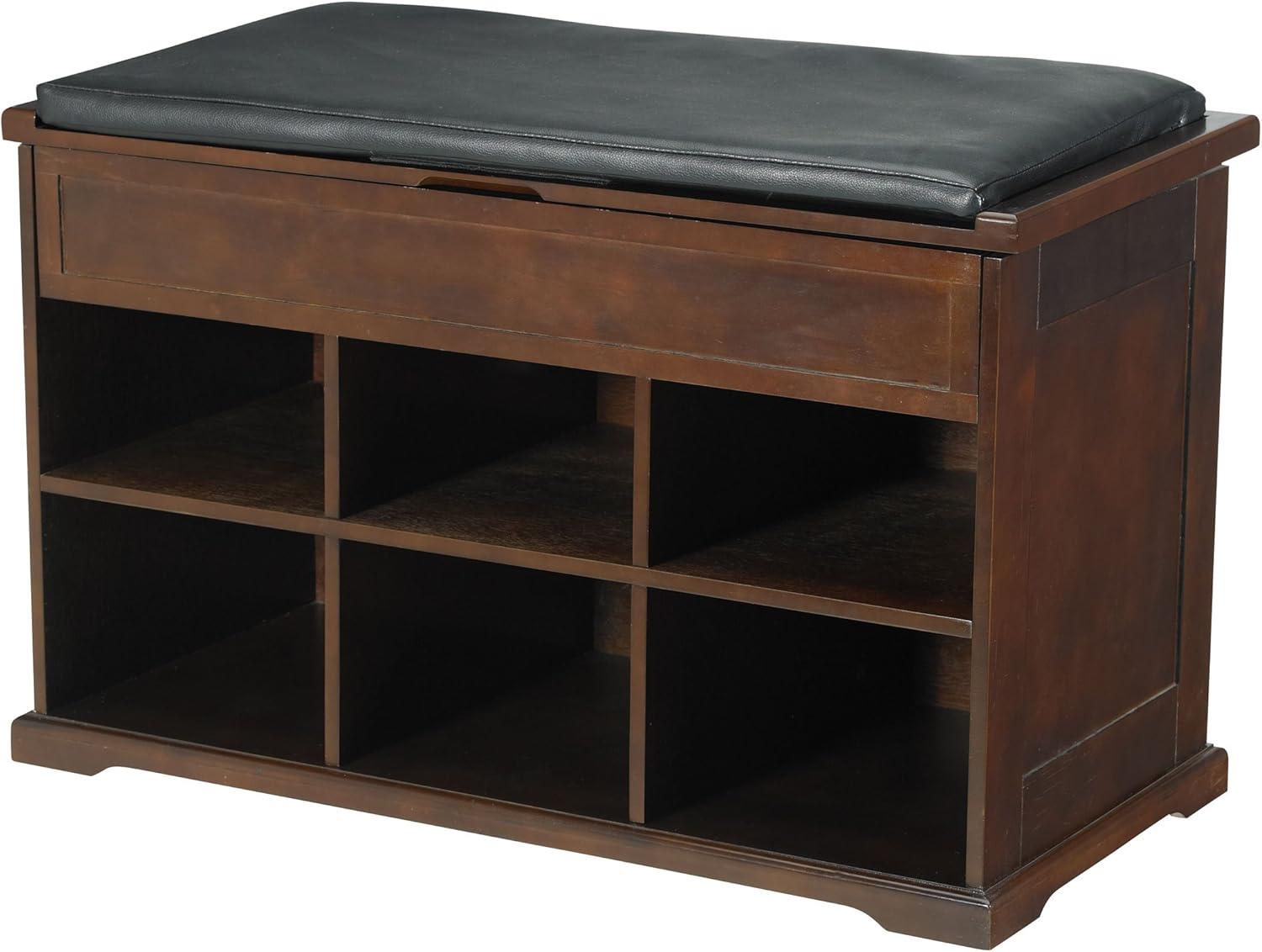 Mahogany Shoe Storage Bench with Black Cushion and Cubbies