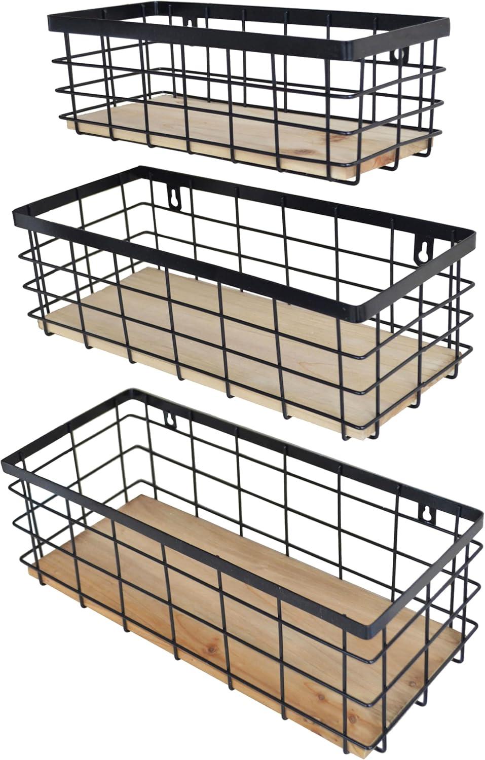 Metal Wire Basket Detachable Wood Base Storage Organizer Farmhouse Small Bins for Kitchen Cabinets, Bathroom, Pantry, Laundry Room, Closets Set of 2,Black Color