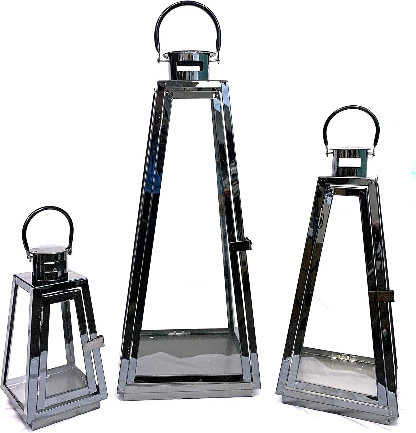 Allgala 3-PC Set Jumbo Luxury Modern Indoor/Outdoor Hurricane Candle Lantern Set With Chrome Plated Structure and Tempered Glass-Taper Black-HD88023