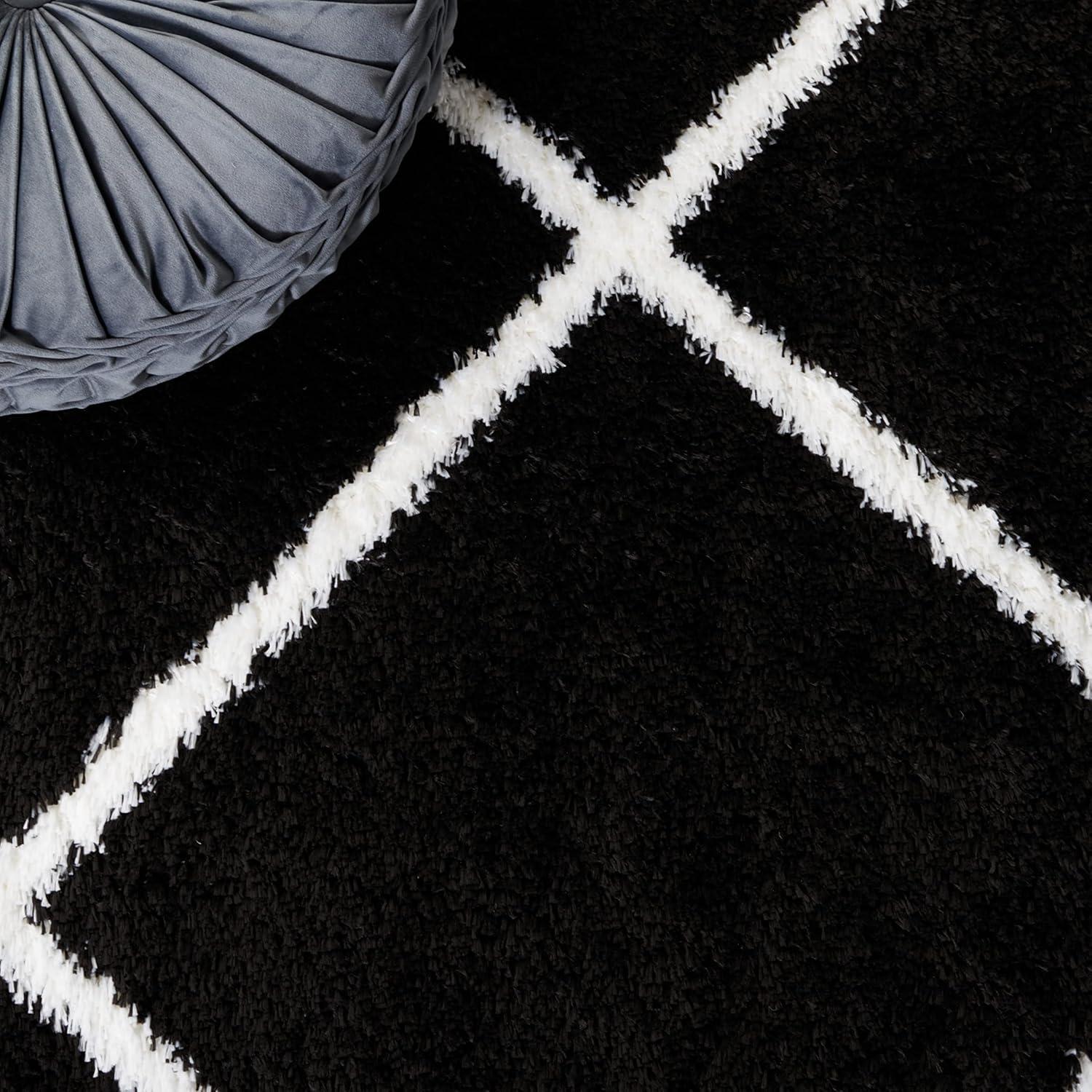 Black and White Geometric Shag 9' x 12' Synthetic Area Rug