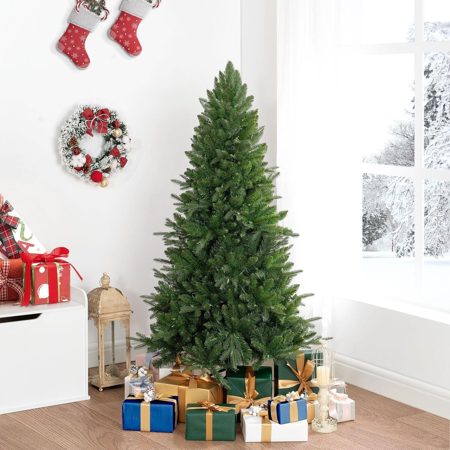 Traditional Prelit Artificial Christmas Tree with Warm Lights and Metal Stand, Wide Realistic Tree