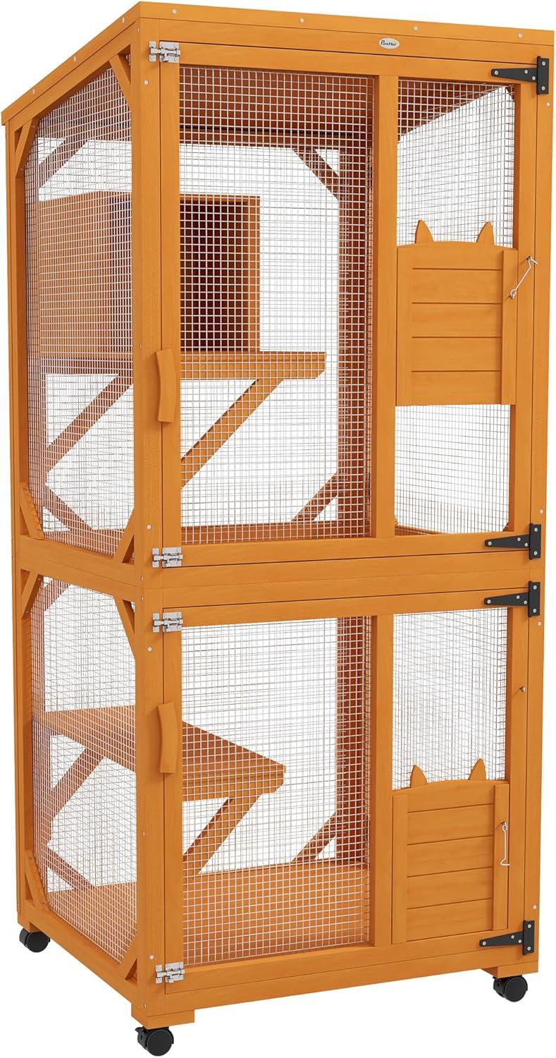 PawHut Catio Outdoor, Large Cat Enclosure, Wooden Kitten House, Elevated Design, with Wheels, Water-Resistant, Multi Platforms, for 1-3 Cats, Orange