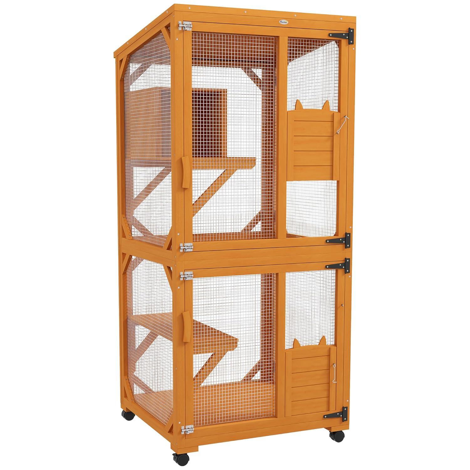 PawHut Catio Outdoor, Large Cat Enclosure, Wooden Kitten House, Elevated Design, with Wheels, Water-Resistant, Multi Platforms, for 1-3 Cats, Orange