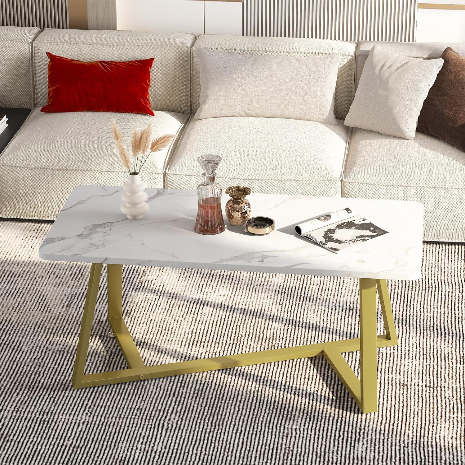 White Faux Marble Rectangular Coffee Table with Gold Metal Legs