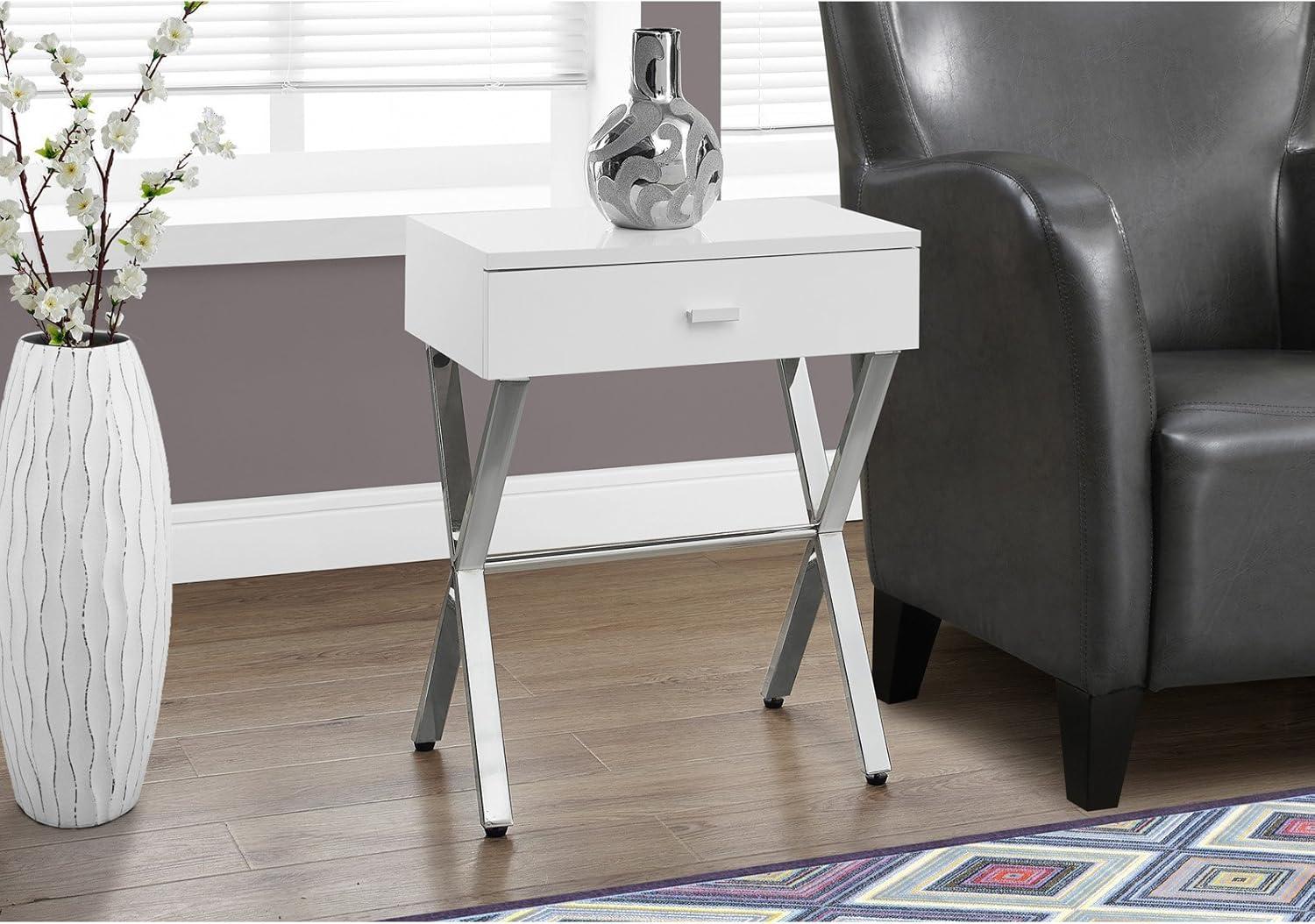 Monarch Specialties Accent Table, Side, End, Nightstand, Lamp, Storage Drawer, Living Room, Bedroom, Metal, Laminate, Chrome, Contemporary, Modern-Finish:Glossy White