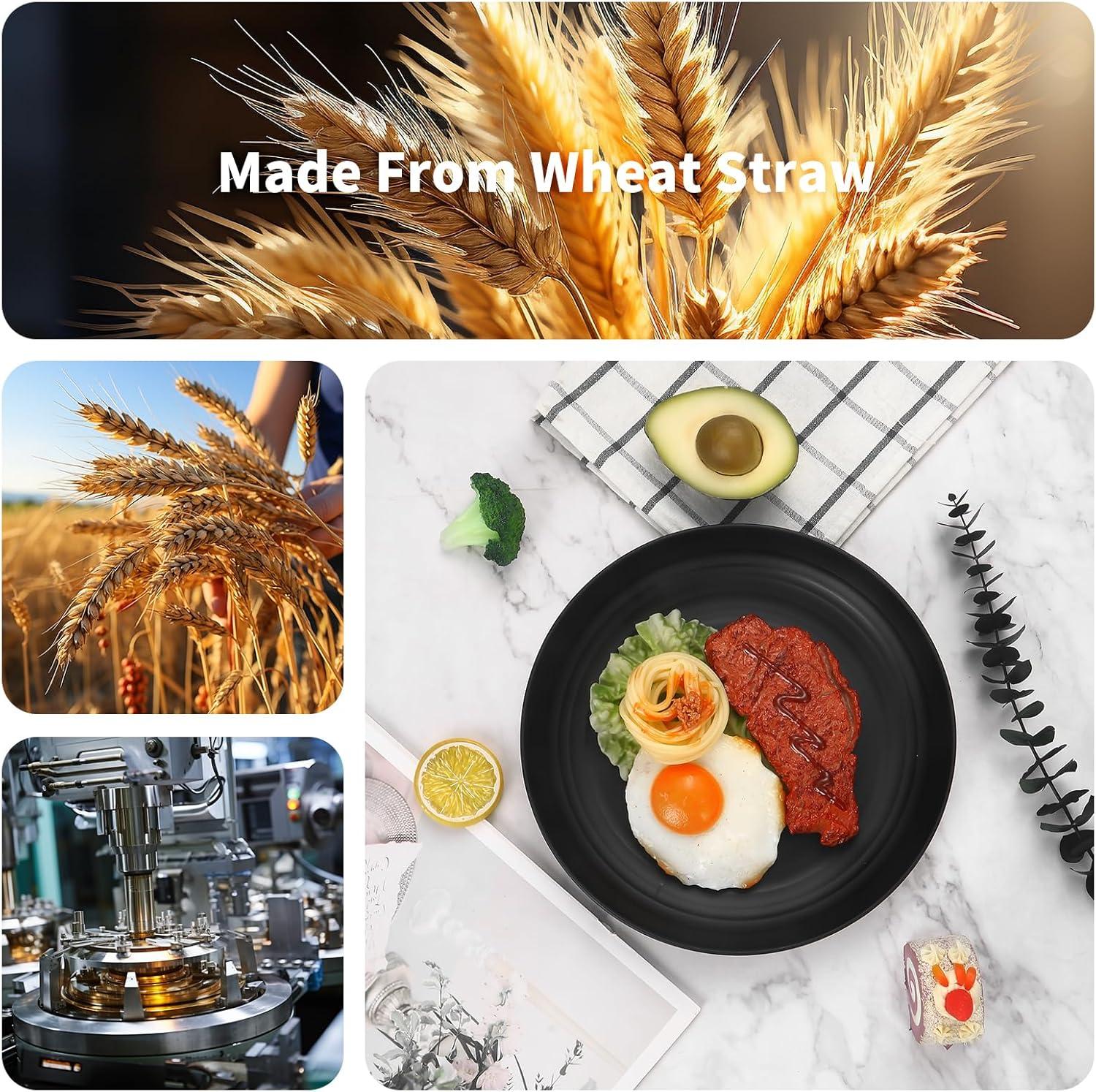 32 Pcs Wheat Straw Dinnerware Sets,Plastic Plates and Bowls Sets for 8,Unbreakable Dinnerware Set,Reusable Lightweight Black Dish Set for Kitchen,Camping,Party,RV,Dishwasher Microwave Safe