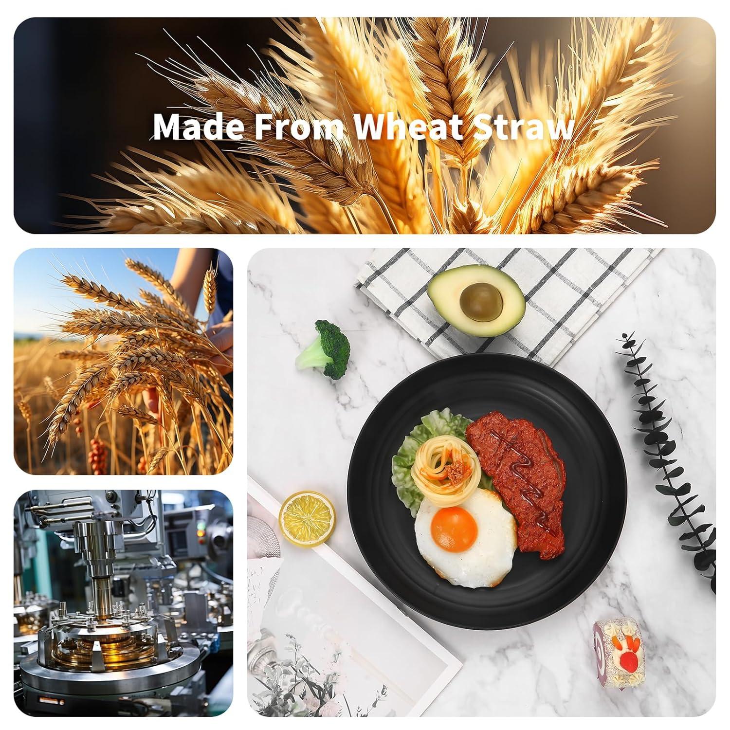 32 Pcs Wheat Straw Dinnerware Sets,Plastic Plates and Bowls Sets for 8,Unbreakable Dinnerware Set,Reusable Lightweight Black Dish Set for Kitchen,Camping,Party,RV,Dishwasher Microwave Safe