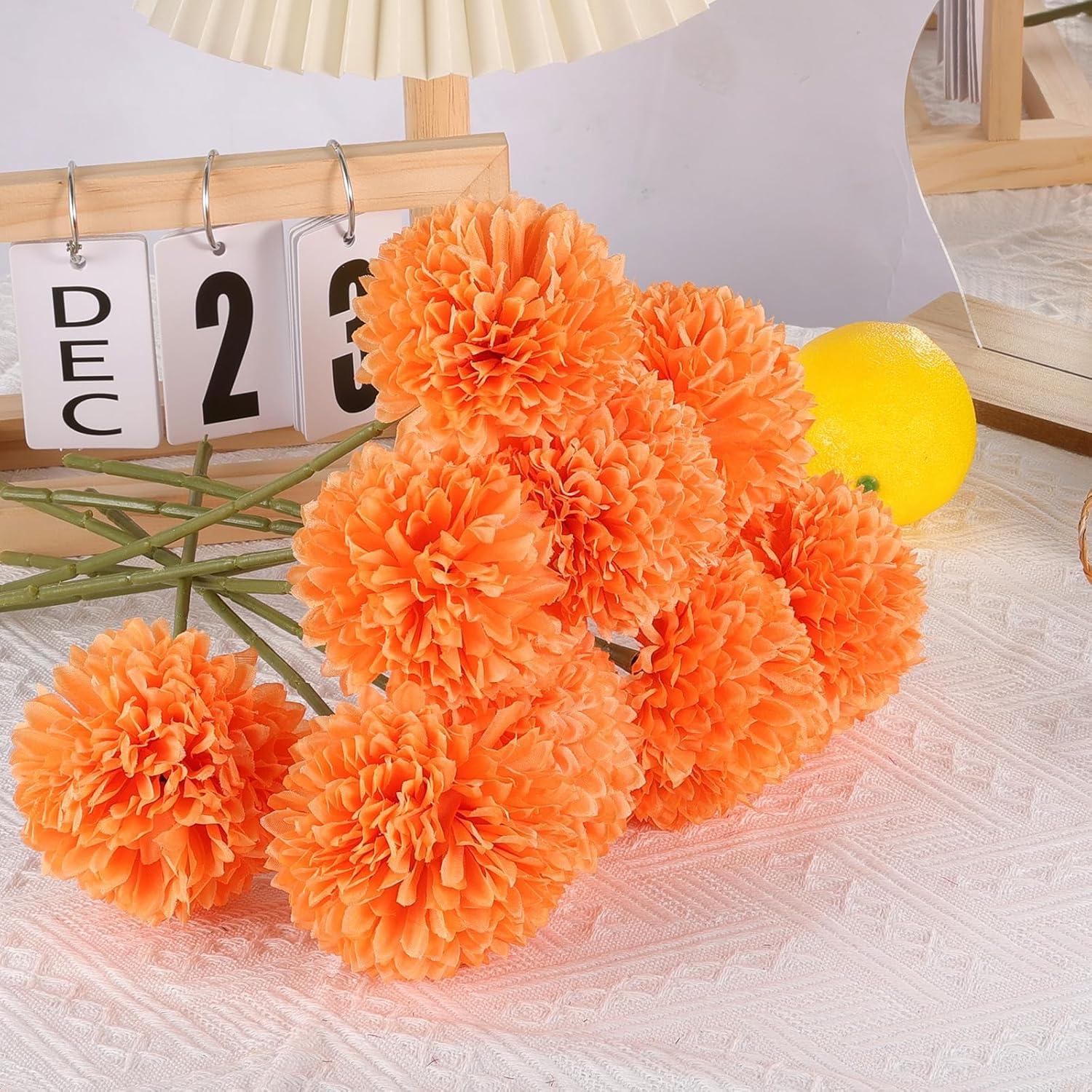 12pcs Orange Fake Flowers 12" Artificial Chrysanthemum Ball Silk Flowers Bouquet for Home Kitchen Wedding Table Arrangement Decorations