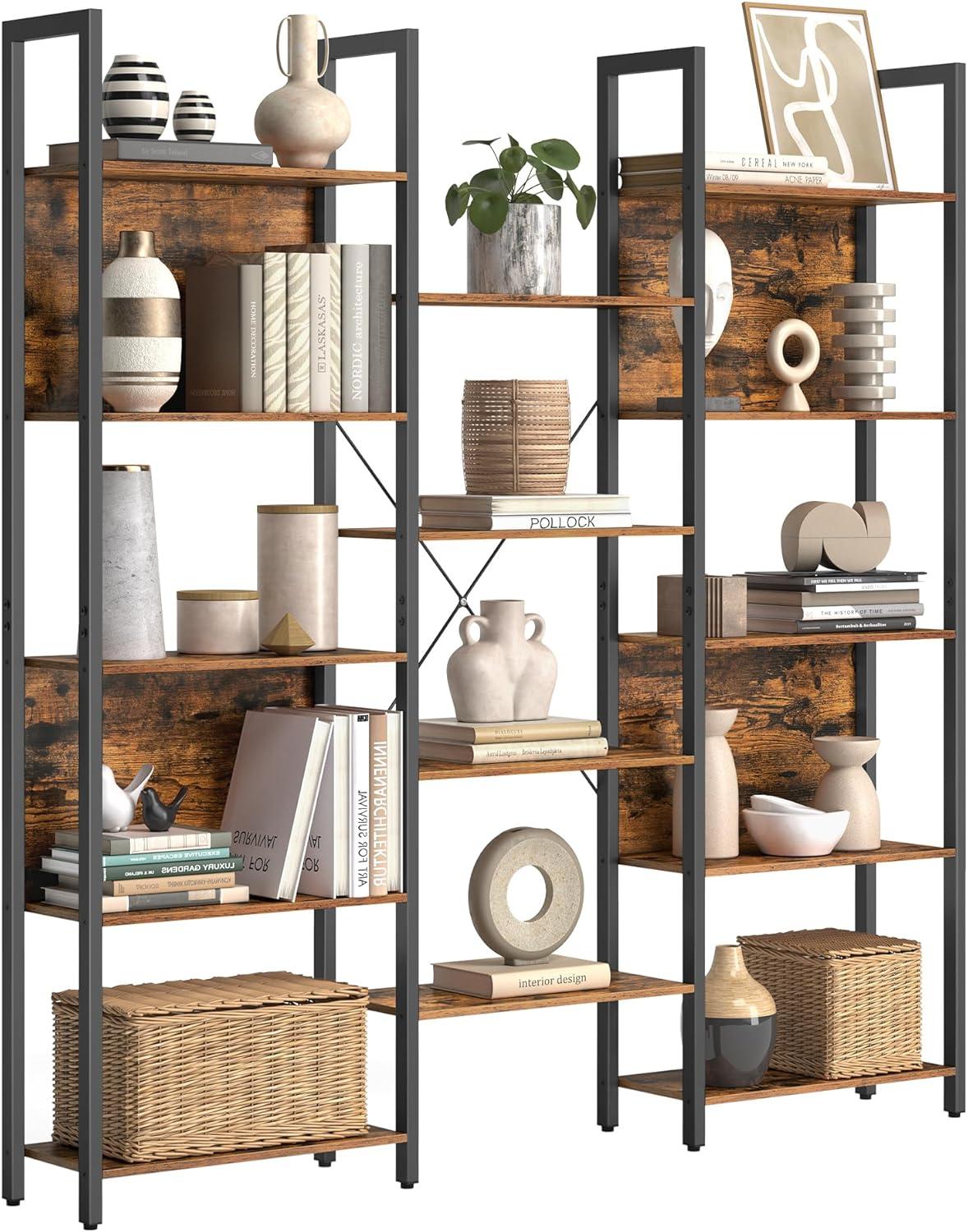 VASAGLE 5 Tier Large Bookcases and Bookshelves Triple Wide Bookshelf with 14 Storage Shelves Living Room Study Office Industrial Style Rustic Brown and Black